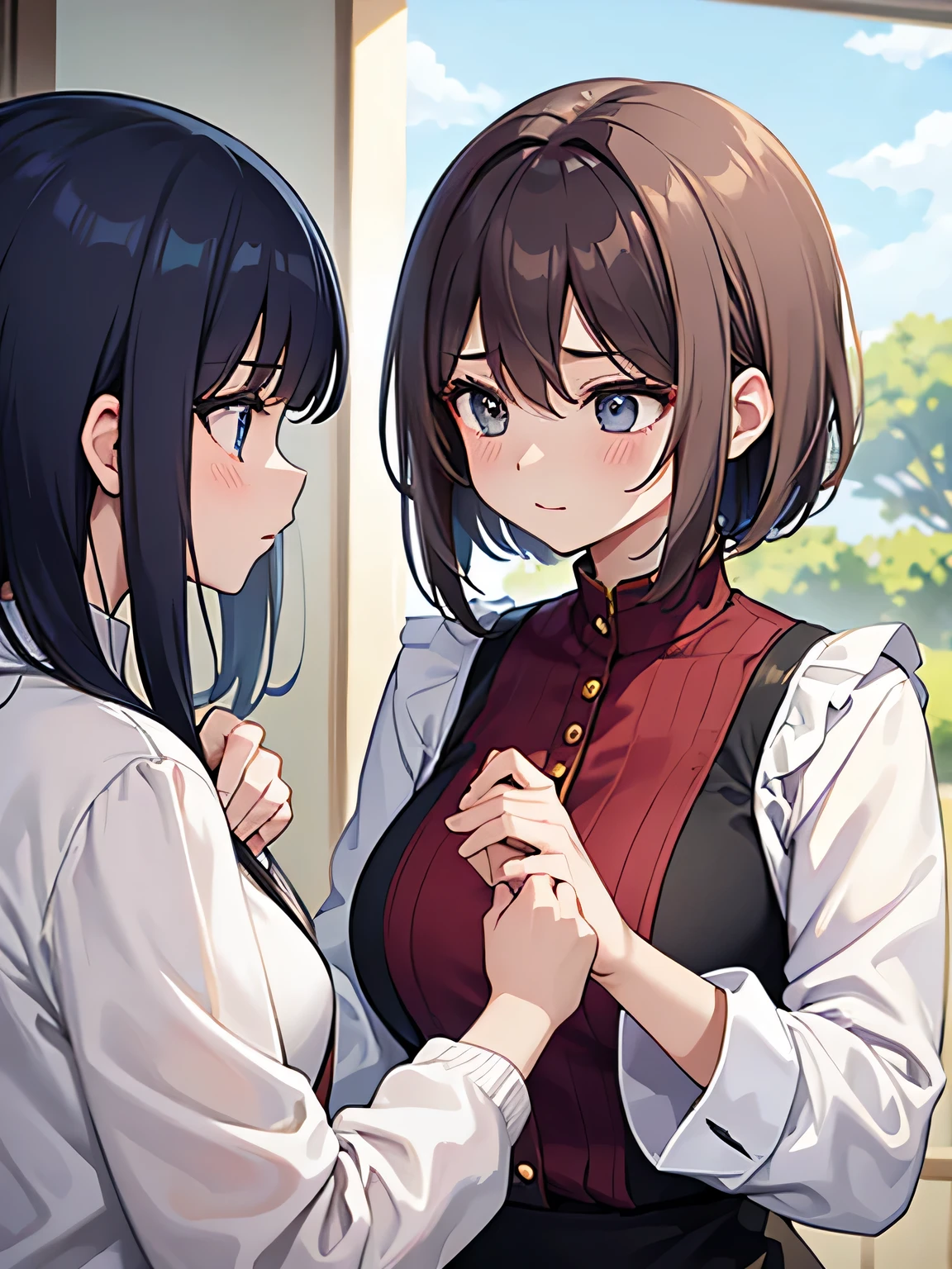 ① Two women are looking at each other.。(There are only two characters)
②The woman is beautiful and 28 years old.。.、long hair、Wearing sexy knitwear。
③The other woman is a cute woman and is 22 years old.。.、short hair、wear a nice blouse。
④Draw the standoff in close-up.。
⑤Draw without splitting the screen。