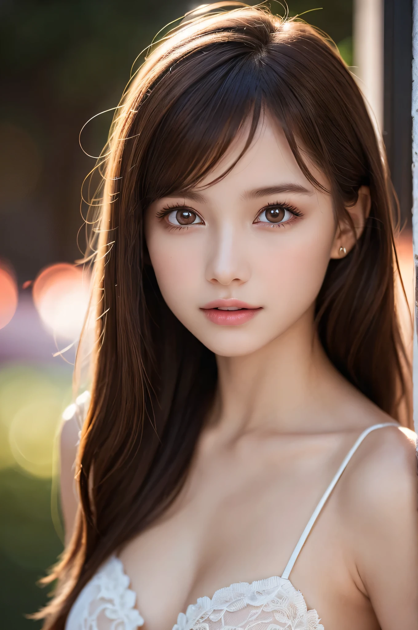 (best quality), (ultra-detailed), (llustration), (detailed light), (an extremely delicate and beautiful), ung girl, brown hair, brown eyes, model, bare shoulders, best quality, extremely detailed CG unified 8k wallpaper, High-definition raw color photos, professional photograpy, (((Bokeh))), depth of fields, twilight, sunset,