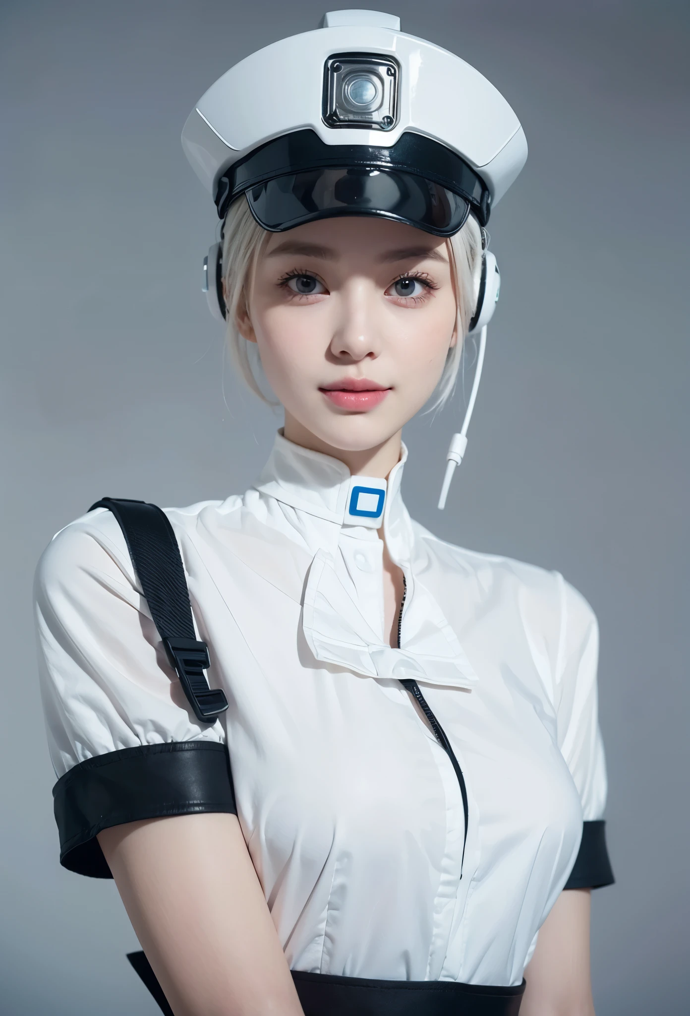 《Artificial intelligence role》。(((Virtual character design:Psychological counselor。woman,20 years old,white short hair,Exquisite facial features,beautiful make up,Skin details,Smile)))。((white tech nurse))。((Super realistic details)), illumination, light and shadow, octane rendering, 8k, super sharp,complicated, Accessory details,atmosphere