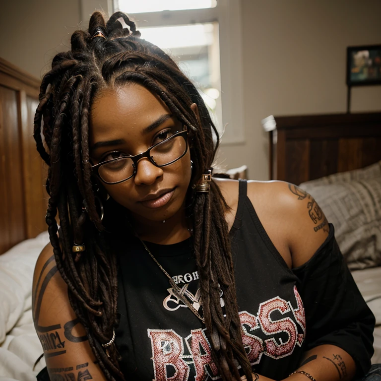 Beautiful brown skin young black female with black and brown dreads and glasses. Dressed in an alt aesthetic, facial piercings and tattoos,curvaceous body