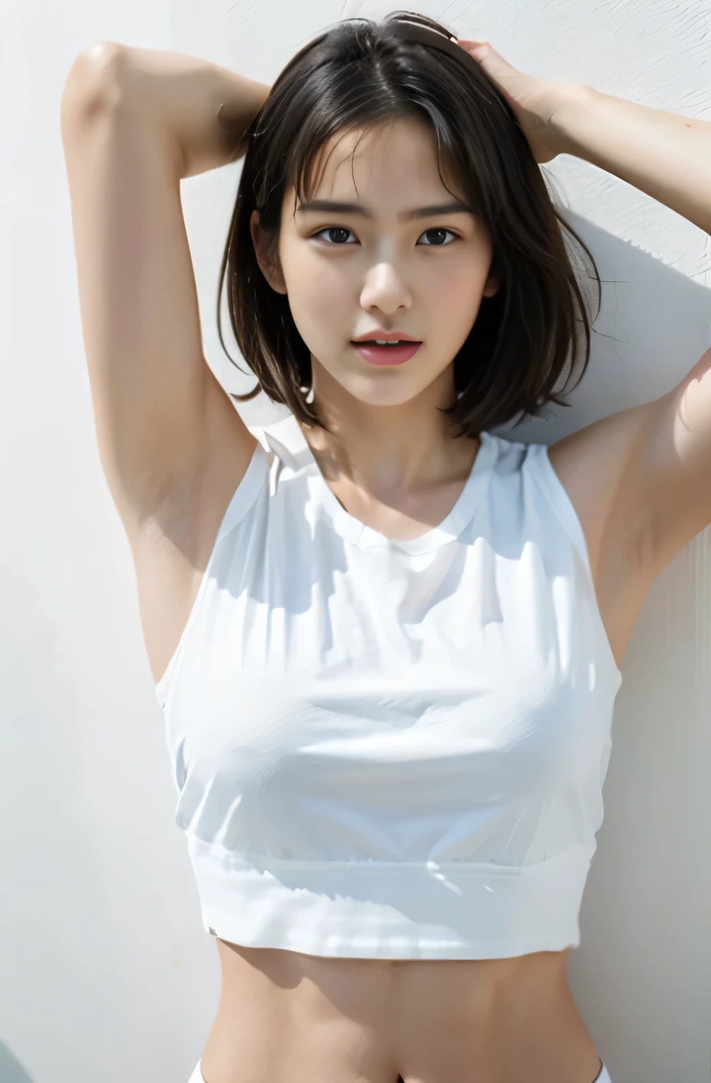 highest quality, masterpiece, ultra high resolution, (realistic:1.4), RAW photo, 1 girl:18-year-old, {(white crop top: 1.4)},, Up to the upper body, armpit, {{girl in a simple white swimsuit}},, 