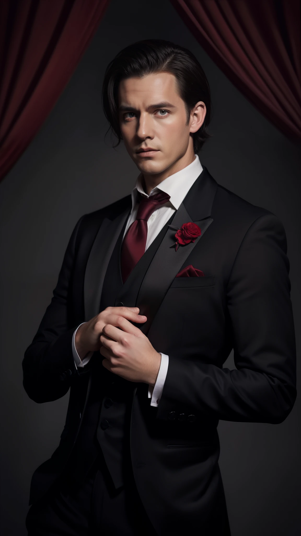 a man posing in a tuxedo wearing a burgundy tie, in the style of rococo-inspired details, dark gray and red, dark symbolism, dark gray and dark black, jon foster, exquisite detail, jake wood-evans