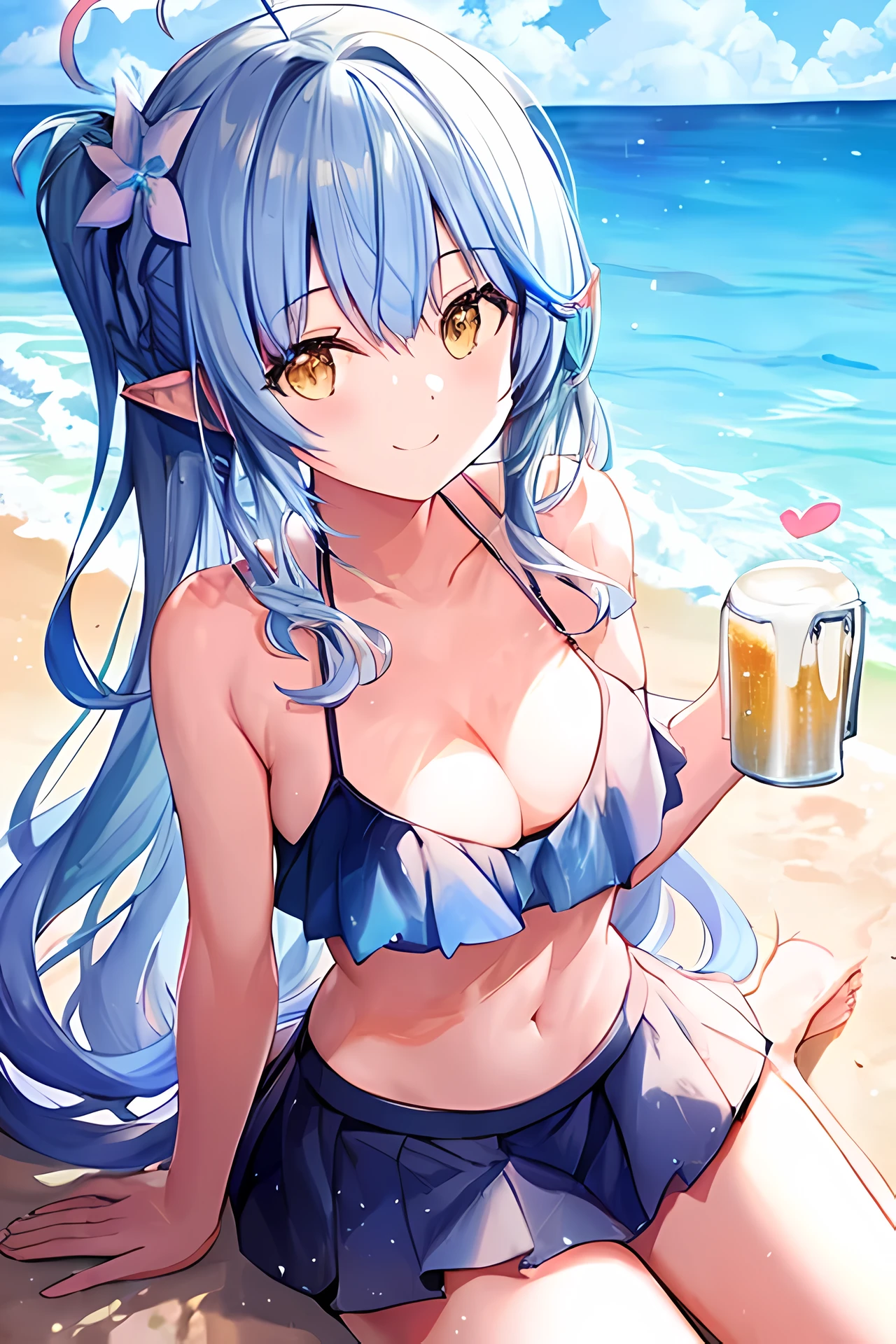 Virtual YouTuber, Snowflower Ramie, pointed ears, long hair, Ahoge of the heart, blue bikini, bikini skirt, sitting on the warm sand, sunburned beach, Extremely hot summer, heat haze, sit and spread out, bright smile, Beer