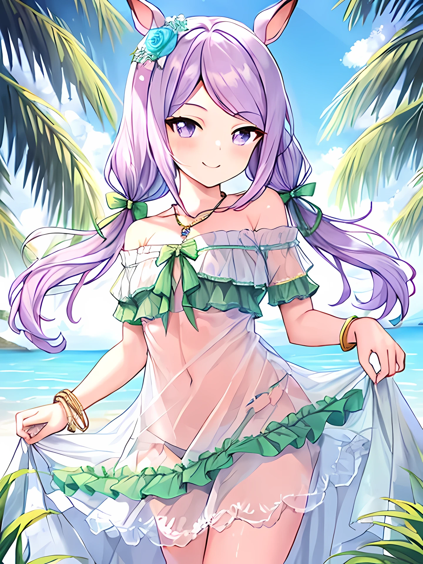 (White-eye McQueen\(umamusume\)), Official alternate costume, low twin tails, hair ornaments, hair flower, necklace, bracelet, Green Ribbon, swimsuit, see through dress, white dress, bare shoulders, off shoulder dress, frills, frillsドレス, green bikini, elegant smile, small breasts, pretty flat bust, 