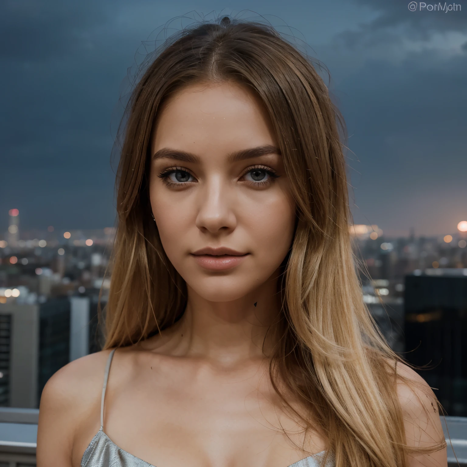 Generate a hyper-realistic image of a blonde woman on the rooftop of a high-rise building, with a panoramic cityscape in the background. Her hair should be a luminous golden blonde, styled in a way that it flows naturally, with each strand detailed and catching the light of the cityscape and sky. Her facial features must be intricately detailed: bright blue eyes with complex, clear irises; a refined, elegant nose; and full lips with a soft, natural color, showing realistic textures. Her skin should be fair, capturing the nuances of the rooftop lighting, with fine details that reflect the urban atmosphere.
She's dressed in a chic, modern outfit that suits the elevated, urban setting, with fabric textures that look sophisticated and appropriate for a rooftop scene.
The rooftop provides a sweeping view of the city skyline, including skyscrapers, lit streets, and distant landmarks, all rendered with high detail to convey the depth and scale of the city. The lighting is a mix of the fading evening light and the ambient glow from the city below, creating a dramatic and dynamic atmosphere. The focus is sharply on the woman, making her the prominent figure against the sprawling backdrop of the city, capturing the essence of an urban evening on a rooftop.
