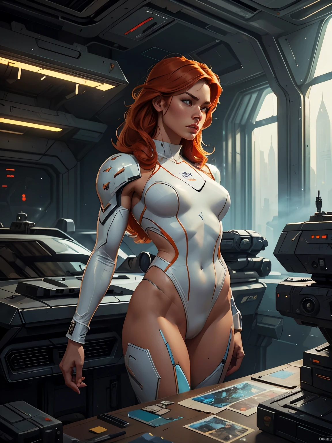 Ginger Lynn, 25 yo, Perfect Face, Perfect body, bodybuilder, White Swinsuit armored cyberpunk, Pretty Features, Spaceship Interior, Wadim Kashin, James Gurney, INK, Splash Art", Royo, Sharp Focus, Emitting Diodes, Smoke, Artillery, Sparks, Racks, SYSTEM Unit, Motherboard, by Pascal Blanche Rutkowski Repin Artstation Hyperrealism Painting Concept ART of Detailed Character Design Matte Painting, 4K Resolution Blade Runner, Mysterious 