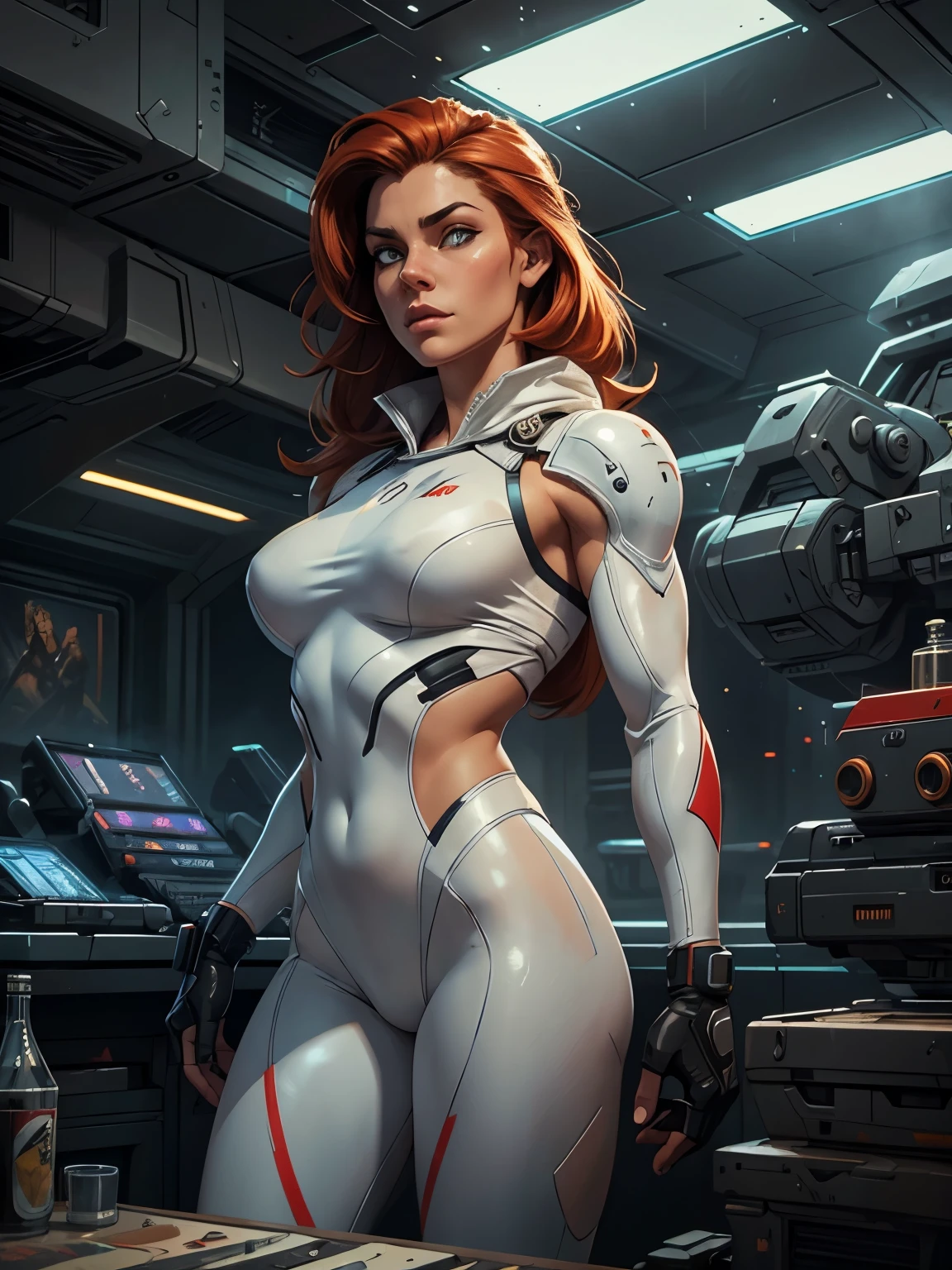 Ginger Lynn, 25 yo, Perfect Face, Perfect body, bodybuilder, White Swinsuit armored cyberpunk, Pretty Features, Spaceship Interior, Wadim Kashin, James Gurney, INK, Splash Art", Royo, Sharp Focus, Emitting Diodes, Smoke, Artillery, Sparks, Racks, SYSTEM Unit, Motherboard, by Pascal Blanche Rutkowski Repin Artstation Hyperrealism Painting Concept ART of Detailed Character Design Matte Painting, 4K Resolution Blade Runner, Mysterious
