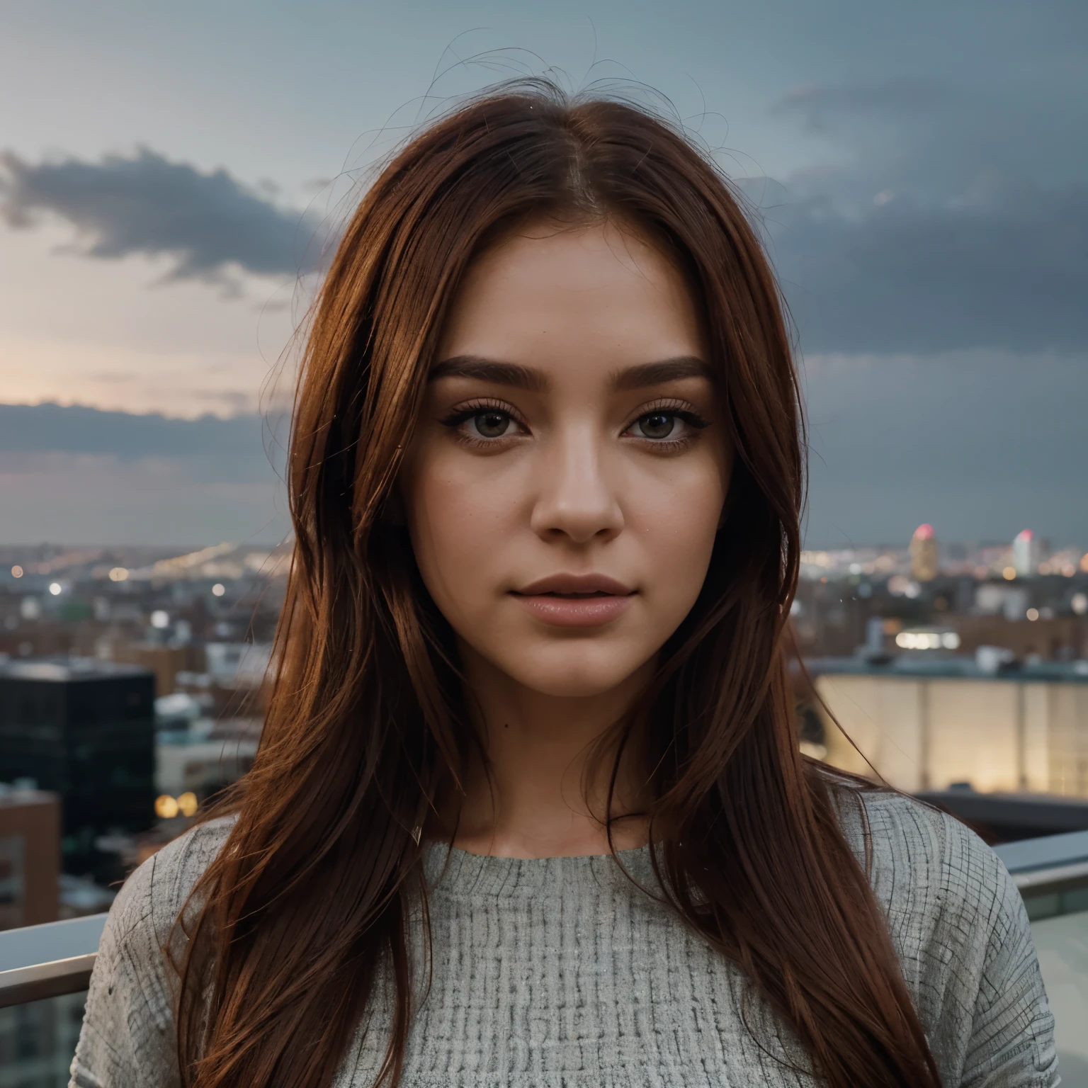 Generate a highly detailed and realistic image of a red-haired woman on the rooftop of a skyscraper, with an expansive city view in the background. Her hair should be a striking auburn, styled loosely to flow with the breeze, each strand catching and reflecting the city lights and twilight hues. Her facial features must be intricately rendered: vibrant green or amber eyes with highly detailed irises; a finely shaped nose; and full, softly tinted lips, showing natural textures. Her skin should be fair, capturing the subtle interplay of light and shadow unique to the rooftop setting.

She's dressed in a chic, modern outfit that suits the urban rooftop atmosphere, with fabric textures that appear elegant and in harmony with the elevated setting.

The rooftop offers a panoramic view of the cityscape below, featuring a tapestry of illuminated buildings, busy streets, and distant landmarks, all rendered in high detail to convey the depth and dynamism of the city. The lighting combines the soft remnants of sunset with the vibrant glow of the city lights, creating a mesmerizing and dynamic atmosphere. The focus is sharply on the woman, making her the standout figure against the sprawling backdrop of the city, capturing the essence of a serene yet lively urban evening.