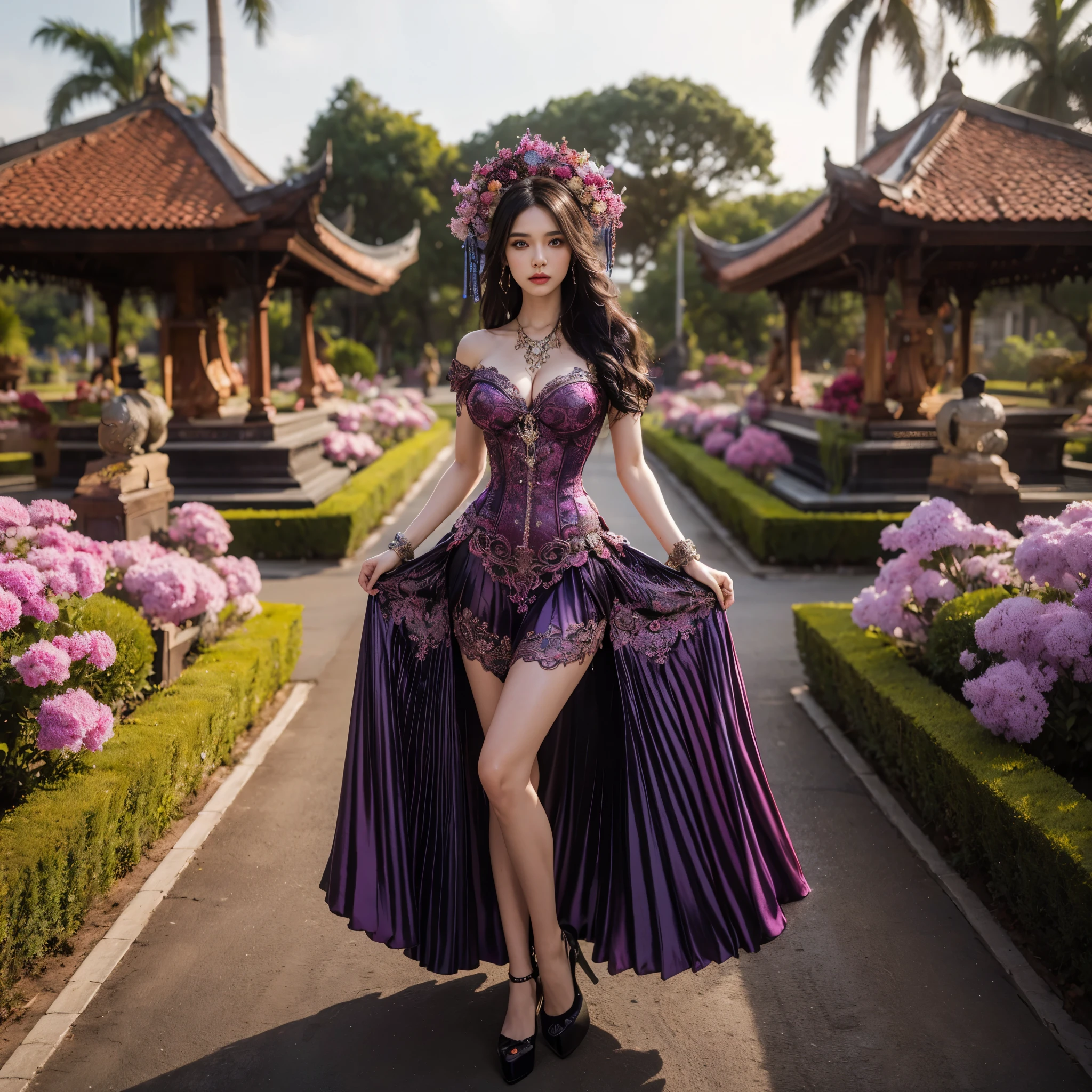 arafed woman with bustier gigantic breast in a corset and dress in front of a building, wearing an ornate outfit, ornate dress, intricate dress, elegant corset, ornate and elegant, extravagant dress, inspired by Hedi Xandt, ornate attire, intricate outfit, ornate royal gown, ornate clothing, ornate gown, intricate and elegant, intricate detailed dress, ornate , royal dress, masterpiece, best quality:1.2),,(8k,highres,RAW photo,realistic,photo-realistic:1.3),(detailed skin texture,detailed cloth texture,beautiful detailed face:1.25),professional lighting,photon mapping,beautiful soft light,radiosity,physically-based rendering,raytracing, model shoot style, model shoot style, (extremely detailed CG unity 8k wallpaper), full shot body photo of the most beautiful artwork in the world,