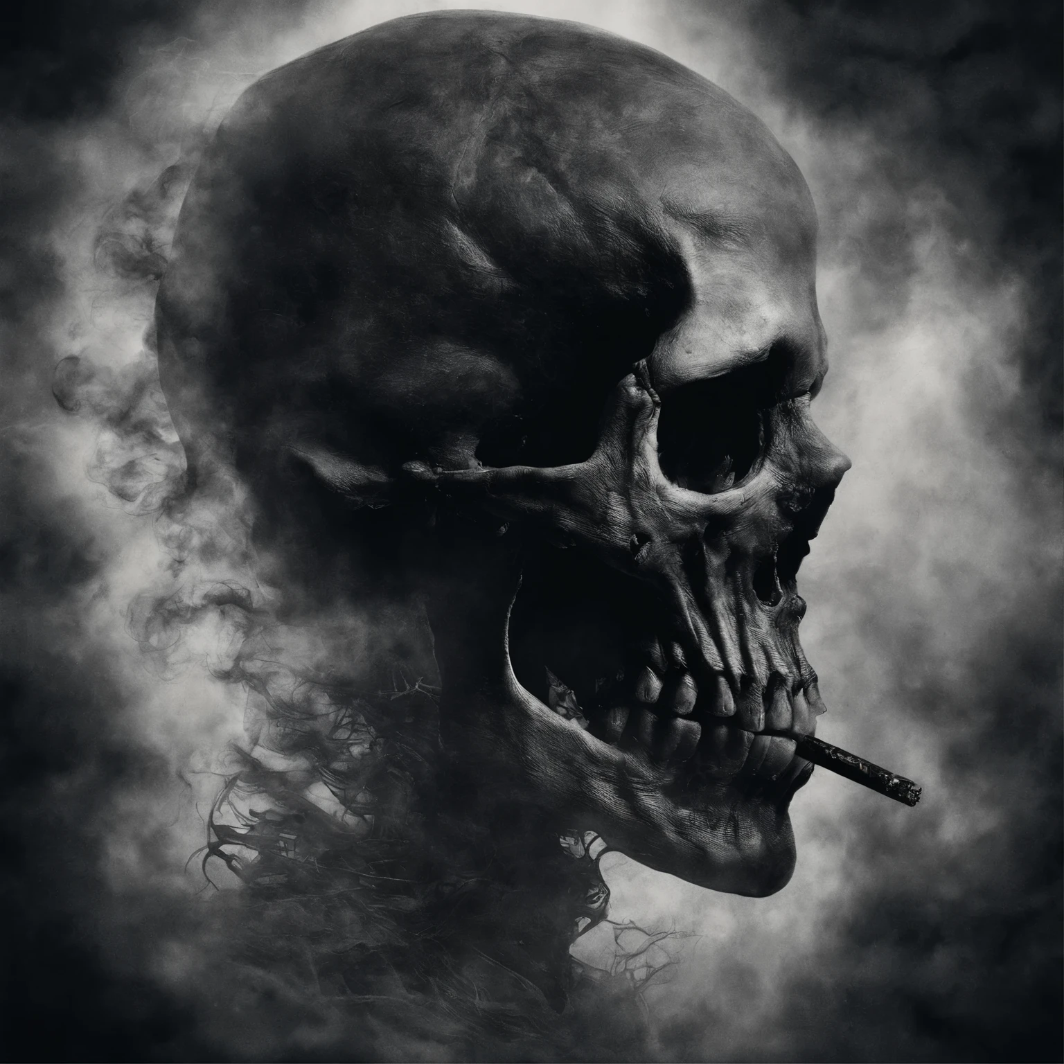 an old man, 50 years old with his seen in profile, exhaling smoke which takes on the ethereal form of a skull. The smoke swirls intricately, creating the detailed illusion of a skull features. He holds a lit cigarette between his fingers, from which a thin trail of smoke rises, contributing to the skull visage. The background is dark, emphasizing the stark contrast of the smoke and the scene's in horror atmosphere.
