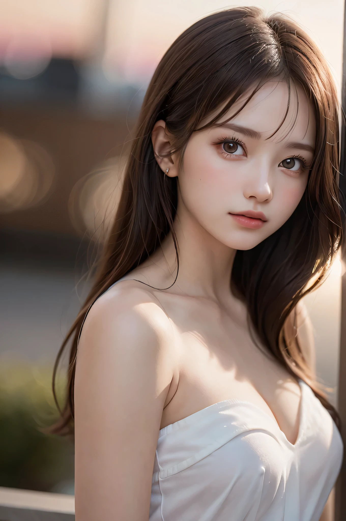 (best quality), (ultra-detailed), (llustration), (detailed light), (an extremely delicate and beautiful), ung girl, brown hair, brown eyes, model, bare shoulders, best quality, extremely detailed CG unified 8k wallpaper, High-definition raw color photos, professional photograpy, (((Bokeh))), depth of fields, twilight, sunset,