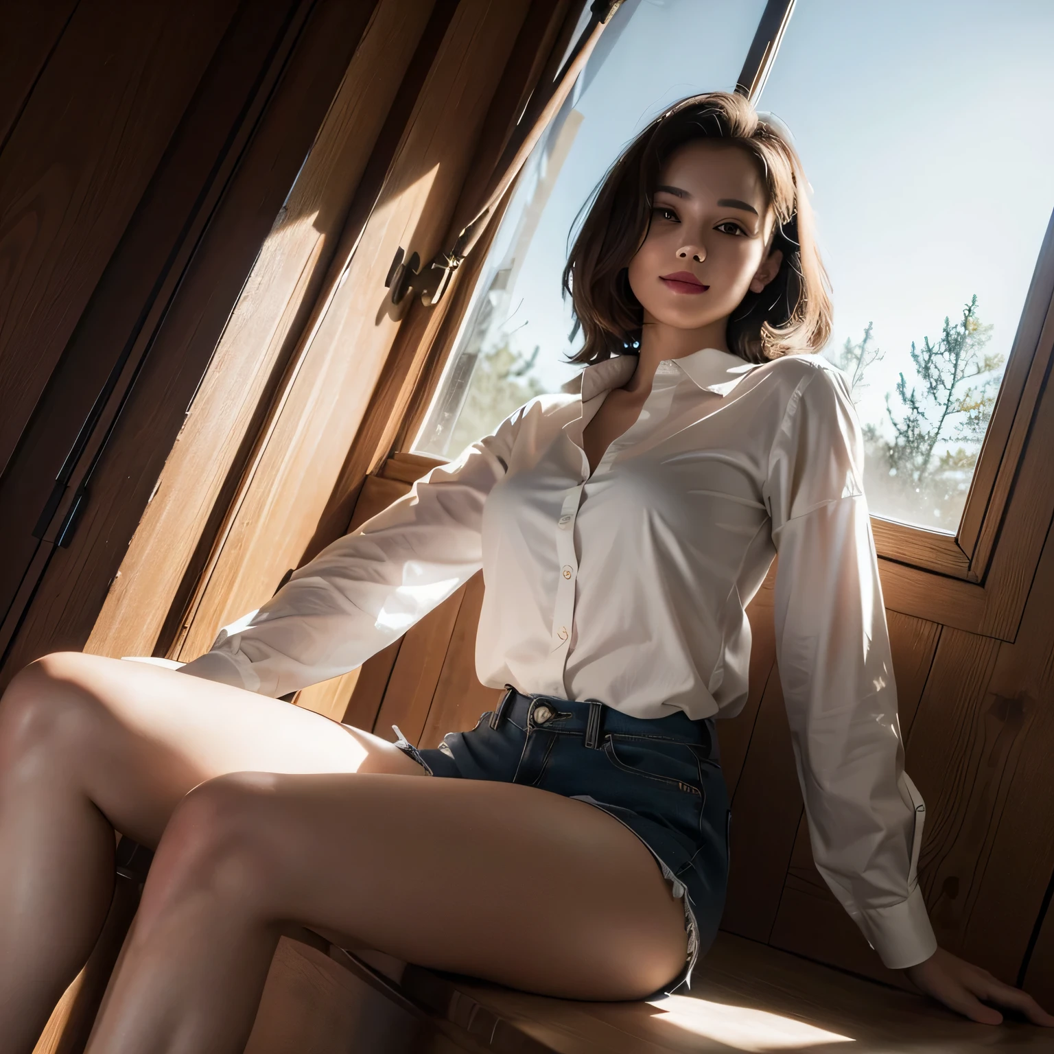 best quality, masterpiece, (lifelike:1.4), 1 girl, faint smile, collared shirt, Above the legs, dramatic lighting, from below,whole body