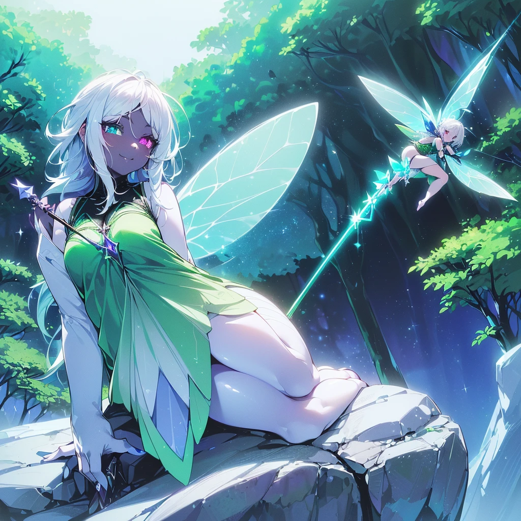 (((I want a fairy woman, with black skin, eyes with heterochromia, one being blue and the other green, high quality in the photo, sparkling colored wings, body with simple curves, white hair with a purple gradient, holding a wand with magic, sitting on a rock surrounded by nature, sweet smile and beautiful clothes)))