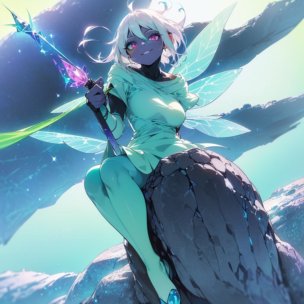 (((I want a fairy woman, with black skin, eyes with heterochromia, one being blue and the other green, high quality in the photo, sparkling colored wings, body with simple curves, white hair with a purple gradient, holding a wand with magic, sitting on a rock surrounded by nature, sweet smile and beautiful clothes)))