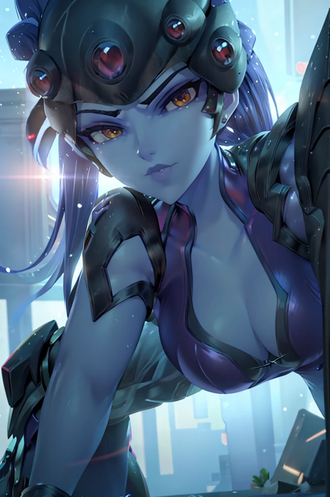 widowmaker, butt, tight bodysuit, seductive, thick thighs, realistic, best quality, masterpiece, ultra detail, ultra high res