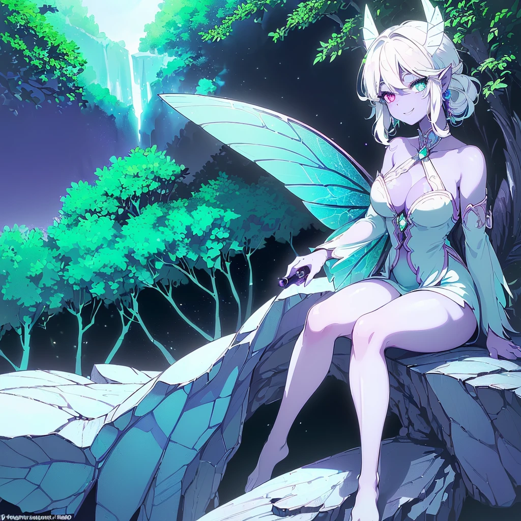 (((I want a fairy woman, with black skin, eyes with heterochromia, one being blue and the other green, high quality in the photo, sparkling colored wings, body with simple curves, white hair with a purple gradient, holding a wand with magic, sitting on a rock surrounded by nature, sweet smile and beautiful clothes)))