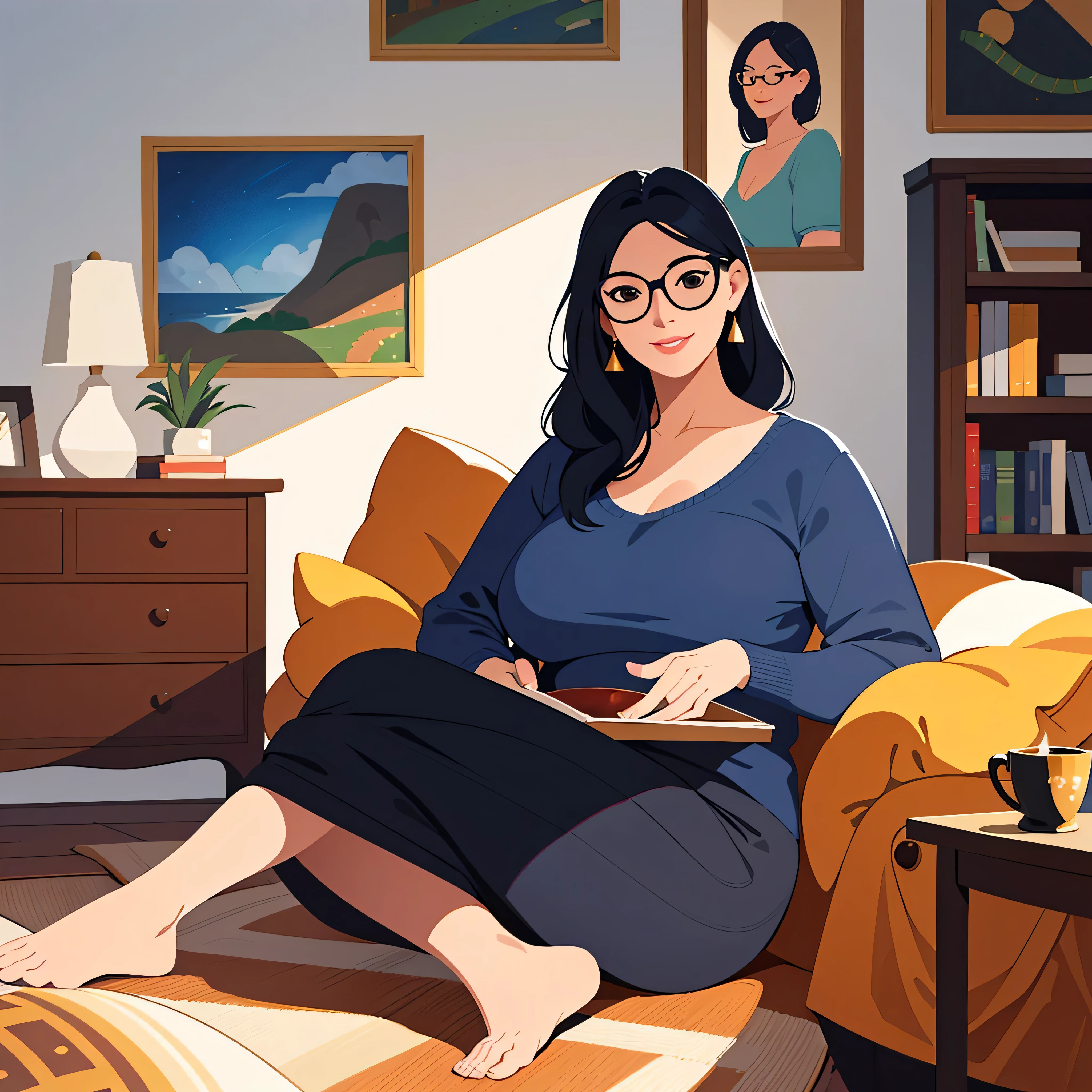 geek women, curvy body,50 years old,black hair:silky and shiny,beautiful detailed eyes,beautiful detailed lips,sitting:sitting comfortably in a wooden chaie,relaxed,cozy atmosphere),(oil painting,highres:1.2,realistic:1.37),soft sunlight streaming through windows,bright and warm colors,cozy interior decor,end table with a cup of tea,bookshelf filled with books,artwork on the walls,soft carpet on the floor,curtains gently swaying in the breeze,smiling expression,peaceful and content) eleagnt siut