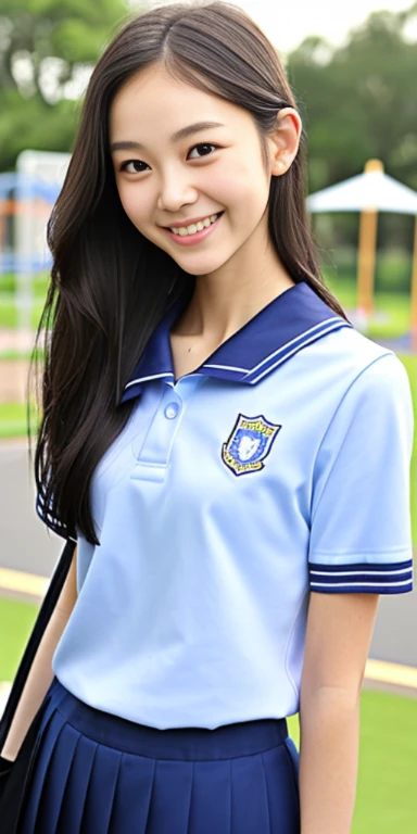 neat college girl, petite person, (school uniform, summer clothes, short sleeves), outside the athletic field, (slim, small, flat, small), photorealistic, detail, skin texture, ultra detail, delicate and sexy collarbone, smile, super detailed face, detailed lips, detailed eyes, double eyelids