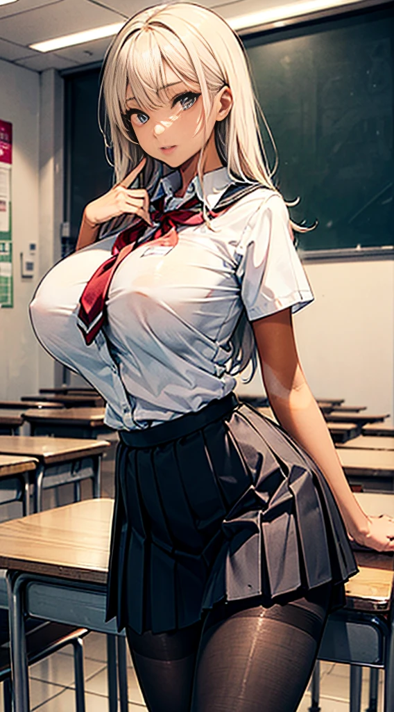 1girl, masterpiece, best quality, slender girl with hourglass body and huge breasts, solo, pretty, cute, shy girl, ((girl wears school uniform, short pleated skirt, white blouse, Korean school uniform)), sexy, girl shows enticing breasts, ((platinum blond hair, long hair)), pink colored eyes, pink orbs, detailed eyes, beautiful eyes, delicate eyes, ((hourglass body, sexy body)), correct anatomy, correct limbs, ((huge breasts:1.2)), juicy lips, pouty lips, [detailed background (korean school, korean high school, Seoul, south korea)]BREAK((pantyhose)),((side shot)),((looking through legs)),BREAK((tan skin:1.6))