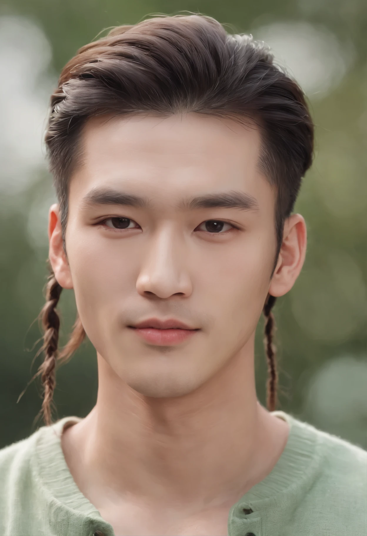 (Male character design), half body close-up, (Chinese handsome man Song Yu looks at the camera), (African dirty braid hairstyle: 1.37), (dressed in a modern and fashionable light green high-end cardigan), Song Yu has straight facial features, his face is symmetrical, his eyebrows are long and thick, slightly upward, his eyes are bright and full of vitality, revealing a kind of wisdom and agility His lips are rosy and full, slightly upward, and his sexy big mouth is rosy and full. His nose is straight and not protruding, and his smile is bright and natural, perfect like a sculpture Song Yu's skin is fair and delicate, smooth like white jade, without wrinkles, The skin emits a healthy luster, giving people a fresh and pure feeling His cheeks blushed slightly (inspired by young actor Zhu Shimao), revealing a hint of astringency and cuteness. High definition, high-quality, high-definition analysis, 32k, surrealism,