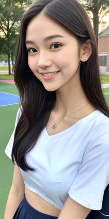 Neat female college student, small, (school uniform, summer clothes, short sleeve), outside the playground, (slim), realistic, detailed, skin texture, ultra detailed, delicate sexy clavicle, smile, super detaileded face, detaileded lips, detaileded eyes, Breast augmentation, thin waist