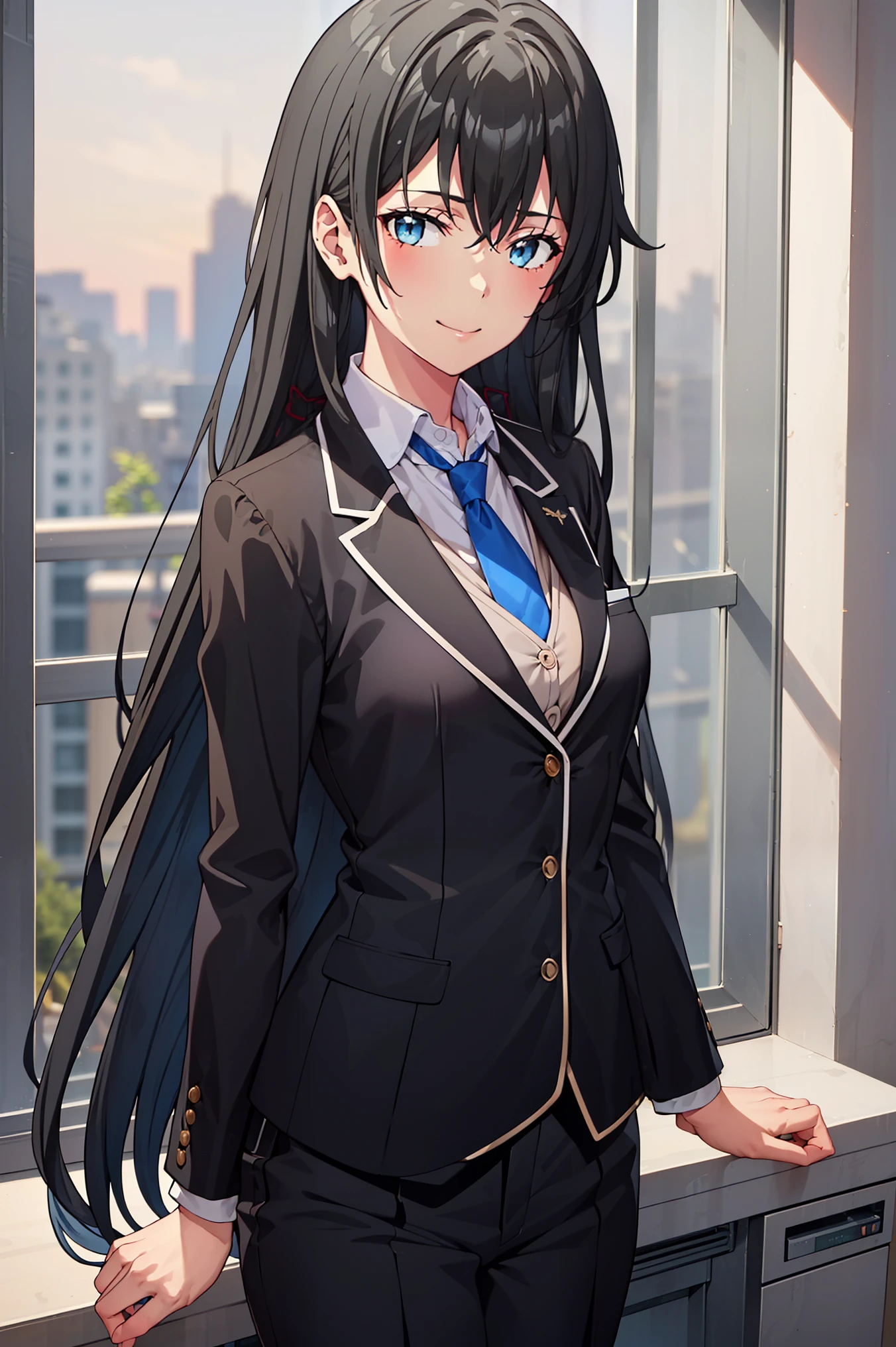 ((best quality)), ((masterpiece)), (detailed) 1girl 1girl, ;\), blurry, blurry_background, breasts, , hair_long , looking_at_viewer, ok_sign, one_eye_closed, open_hand, Yukinoshita Yukino ,Woman wearing formal clothes, An attractive coat stands in a large gap in the room , 1girl, 独奏, blue necktie, Black hair, eyes blue, long hair, smile , collared shirt, white pants, white shirt , Elegantly designed coat , Stand in front of a window ,Perfectly tailored tailcoat. It has a stunning Victorian design and is made of lustrous fabric , soft thighs , full body