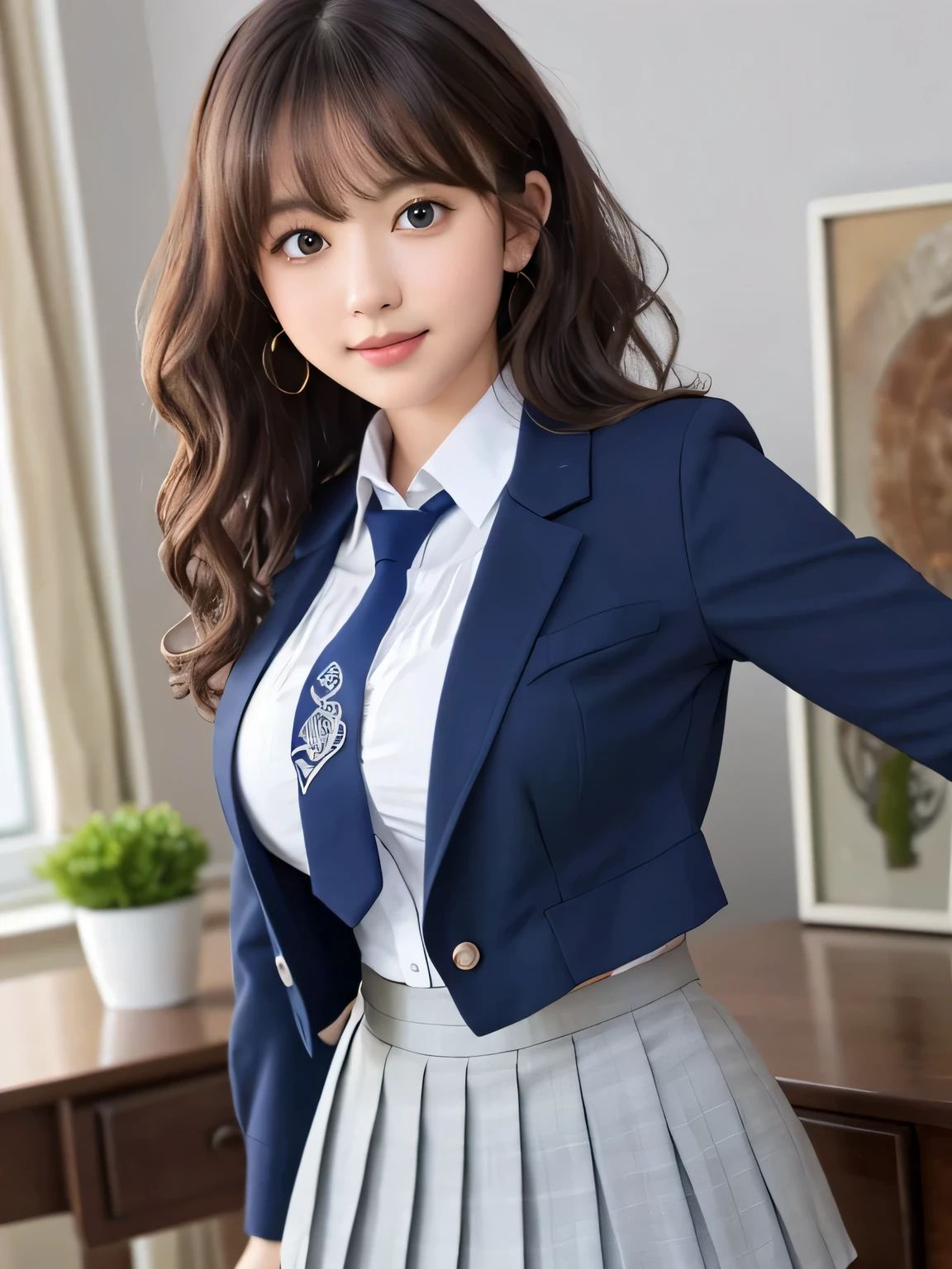 8K, highest quality, real image, intricate details, Super detailed, ultra high resolution, depth field,(realistic,realistic:1.2),table top , frontal shot , From the middle , 1 girl, eye_Chan, very beautiful 17 year old girl, innocent big eyes,、beautiful breasts:1.5、非常に詳細なeye:1.2)、(beautiful breasts:1.1)、wavy hair、curly hair、bangs、, perfect skin, Fair skin, huge breasts, His left hand is placed on his chest over his clothes..、anxious look、cleavage, tight waist, light blush, alone, looking at the viewer, light smile, ((School_uniform),(dark blue blazer), (white shirt、Wearing a tie), (gray pleated skirt), (sculpture installation :1.1)