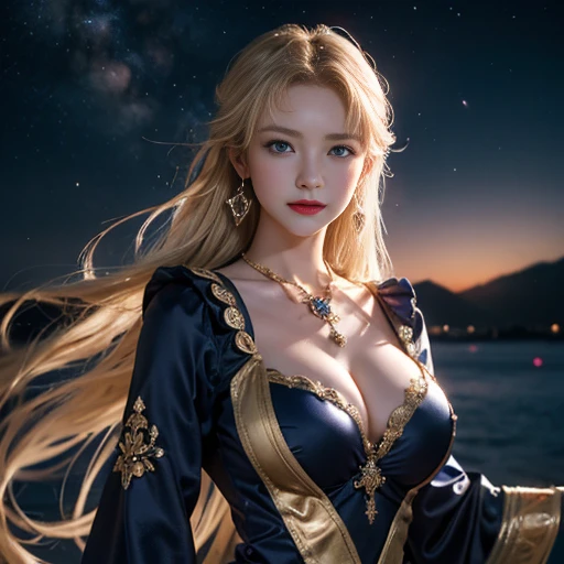 masterpiece，Highest image quality，Super details，best quality ,extremely delicate and beautiful, Very detailed,best quality, official art, Extremely detailed CG unified 8k wallpaper, Huang Li, Huge file size , Super detailed, The best look，high resolution ，海边beach摄影，beach，positive focus bodyesbian；1.5，big watery eyes，Blonde hair, blue eyes，The sexiest look，Beautiful dreamcatcher earrings，charming smile，Blushed，Beautiful udder，perfect breast shape，snow white breasts，（Real and radiant skin），（sparkling eyes），Upper body，（night sky，Milky Way，starry sky，），（Thick, neatly styled hair），Kazilan's eyes widened，lunar goddess，美丽的red超薄镂空深V晚礼服，（Ultra-thin hollow deep V evening gowns in various colors，black，gold，red，blue，Purple，pink，），Bright colors，Vivid colors，