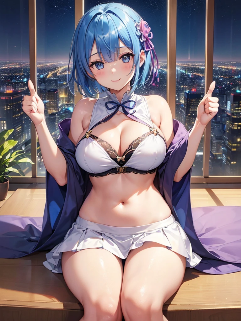 ((highest quality, 8K, masterpiece)),Rem(Re:zero),((Thumbs up(👍️)nice,Good Signs,Stick out your hand,(Five fingers))),((close one eye,とびっきりのsmile)), cute beautiful woman with perfect body: 1.4, slim big breasts: 1.2, ((blue hair,short hair, big breasts: 1.2)),smile,happiness,後Light,Light , (Transparent clothing, half naked, highly detailed chest, happinessな表情, sitting,super mini skirt,cleavage,thighs,belly button), ((city night view, living room, Making mainly for women)), Highly detailed face and skin texture, Glossy skin,blush,