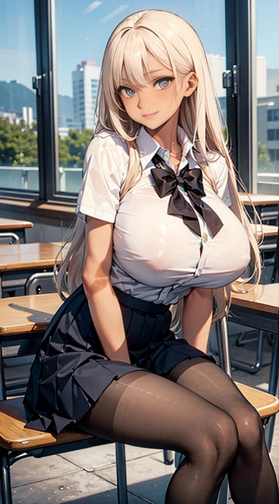 1girl, masterpiece, best quality, slender girl with hourglass body and huge breasts, solo, pretty, cute, shy girl, ((girl wears school uniform, short pleated skirt, white blouse, Korean school uniform)), sexy, girl shows enticing breasts, ((platinum blond hair, long hair)), pink colored eyes, pink orbs, detailed eyes, beautiful eyes, delicate eyes, ((hourglass body, sexy body)), correct anatomy, correct limbs, ((huge breasts:1.2)), juicy lips, pouty lips, [detailed background (korean school, korean high school, Seoul, south korea)]BREAK((pantyhose)),((side shot)),((looking through legs)),BREAK((dark tan skin:1.6))