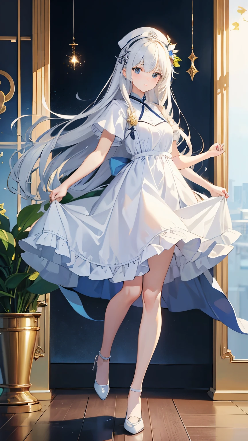 first-class、high resolution、beautiful、background white、One Beautiful Boy、whole body、Are standing、long hair of white color、Golden Eyes、Light blue apron dress、white shoes、clear