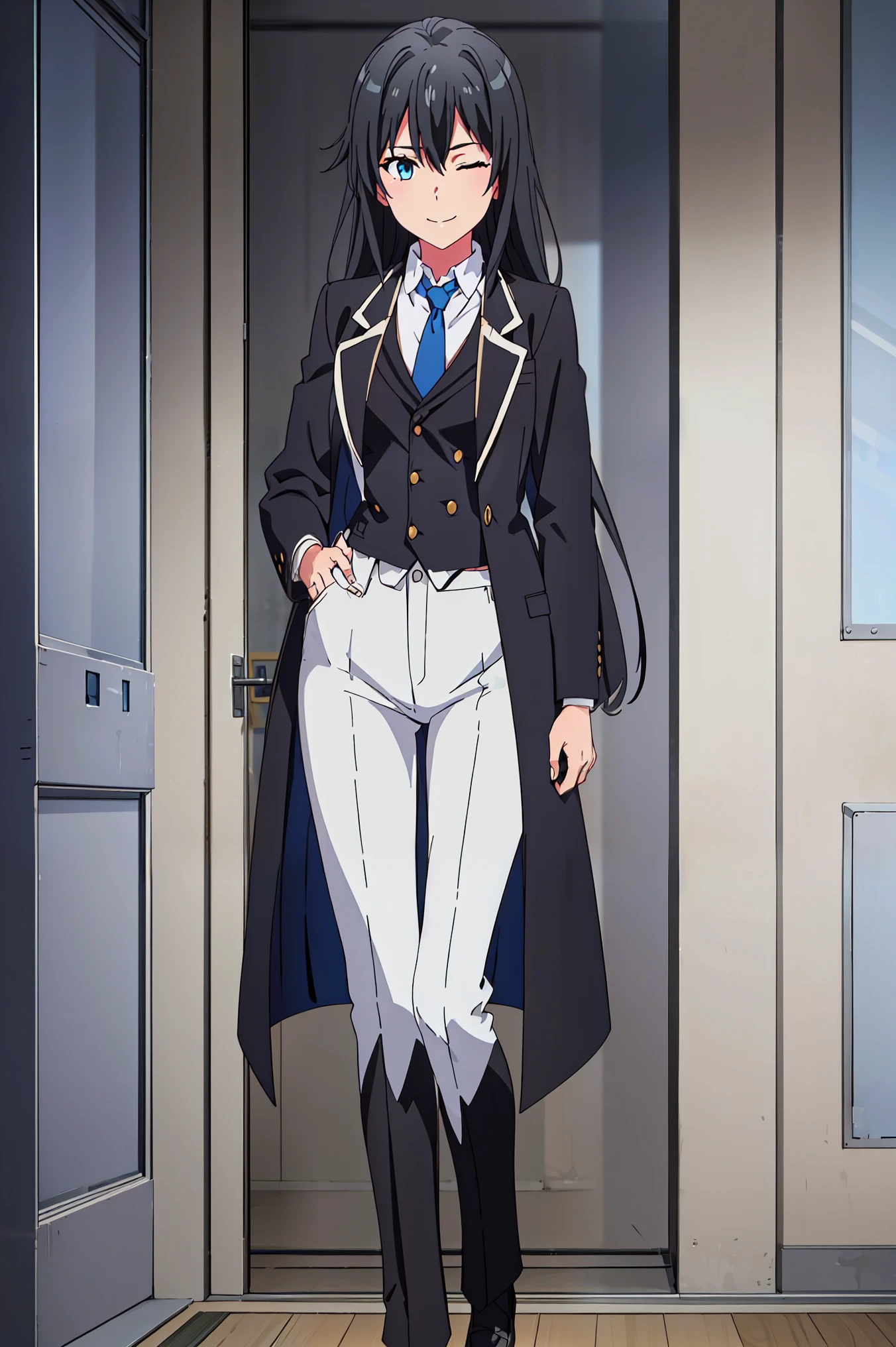 ((best quality)), ((masterpiece)), (detailed) 1girl 1girl, ;\), blurry, blurry_background, breasts, , hair_long , looking_at_viewer, ok_sign, one_eye_closed, open_hand, Yukinoshita Yukino ,Woman wearing formal clothes, An attractive coat stands in a large gap in the room , 1girl, 独奏, blue necktie, Black hair, eyes blue, long hair, smile , collared shirt, white pants, white shirt , Elegantly designed coat , Stand in front of a window ,Perfectly tailored tailcoat. It has a stunning Victorian design and is made of lustrous fabric , soft thighs , full body