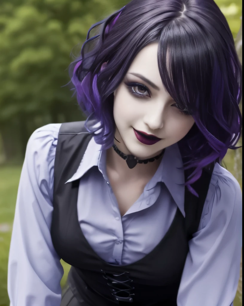 1girl, solo, goth , goth hair , eyeshadow, mascara, colored hair , medium breasts , collared shirt, outdoors , highly detailed portrait , leaning forward , downblouse, smile