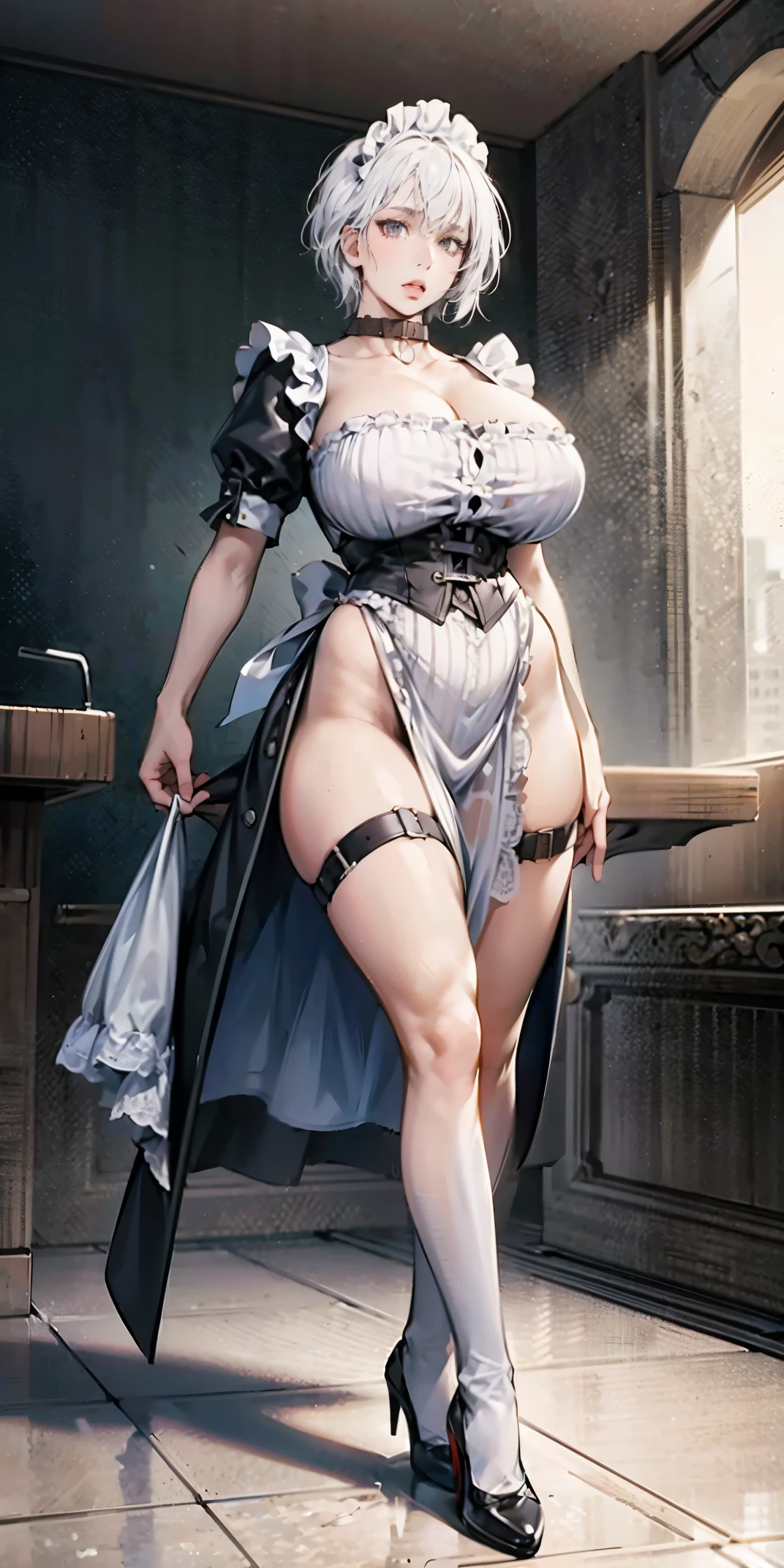 White hair , short hair, pinched eyes, (big-:1.5) , Thin legs, thin body, leather collar, Maid outfit victorian, dynamic pose, full body, View from below, wide hips, Kneeling