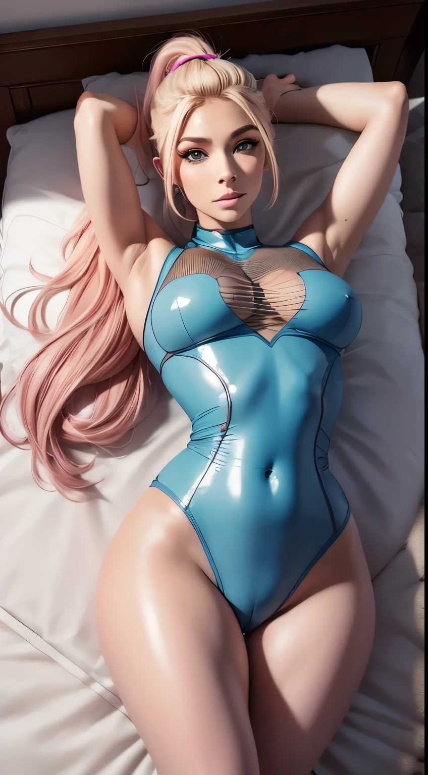 (original) , (very detailed wallpaper) , (best quality) , (masterpiece) , photographic reality, realistic, very detailed illustrations , beautiful eyes, perfect detail, (best lighting) , (super complex details) , ultra-detailed, , kogal,, 4K unified, (super detailed CG: 1.2) , (8K: 1.2) , realistic, octane rendering , (((Alexa Bliss))), bedroom, lying on bed, lying on stomach, eyes at viewer, blonde hair w/pink highlights, ponytail hairstyle, light blue eyes, skintight bodysuit, translucent-red latex,