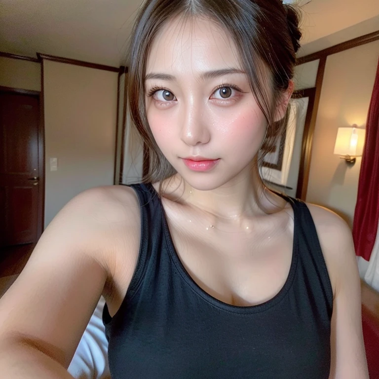 (masterpiece:1.4), (8K, realistic, RAW photo, highest quality: 1.4), Japanese, (1 girl), beautiful face, (realistic face:1.4), (very detailed髪:1.3), beautiful hairstyle, realistic eyes, beautiful and fine eyes, (realistic skin:1.3), beautiful skin, Charm, ultra high resolution, surreal, very detailed, golden ratio, (detailed face:1.4), (Realistic medium breasts:1.4), (gray tank top),(bed room),((sweaty))