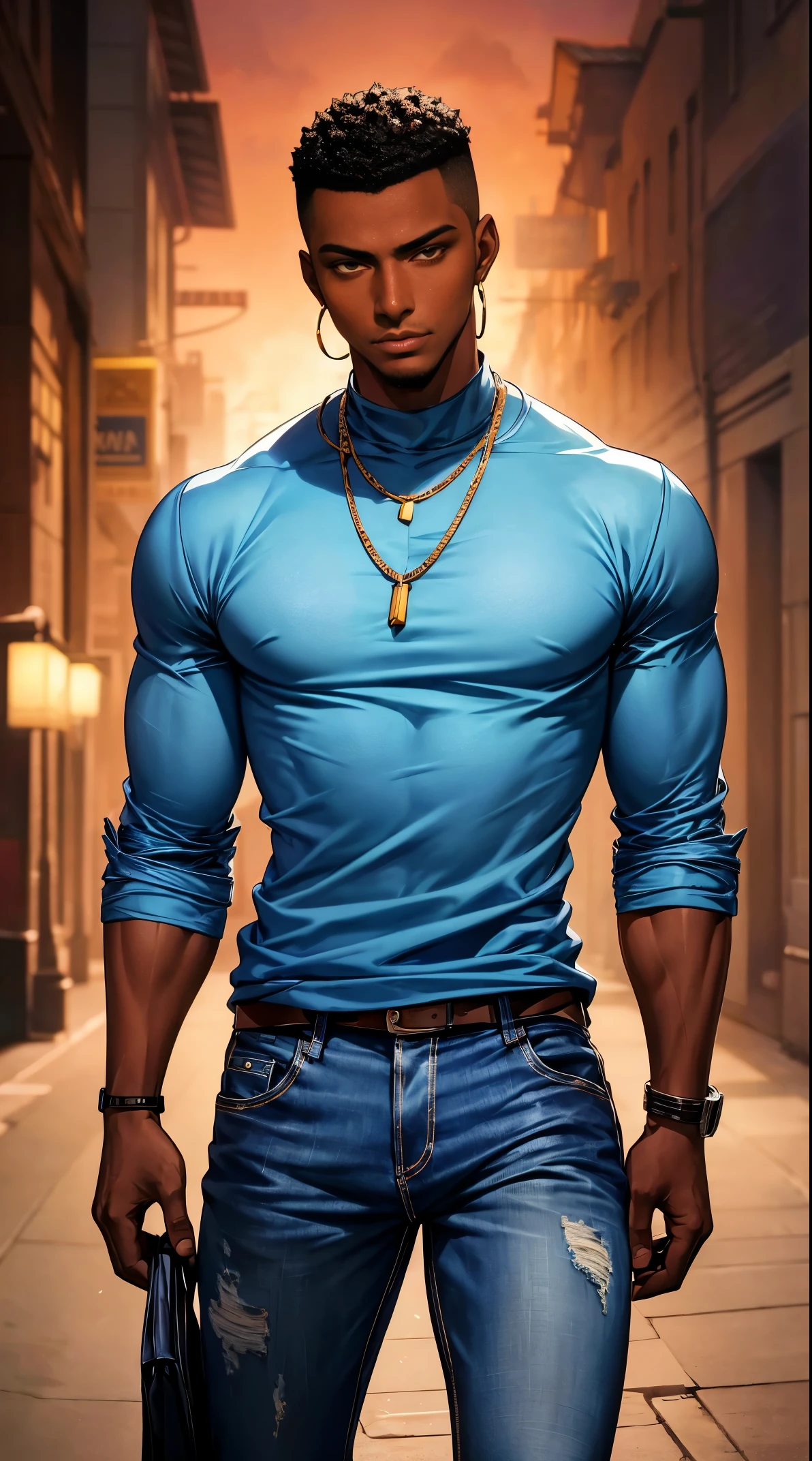 (best quality:1.1),original, 1man, A handsome man with dark skin, African American man with natural hair, short hair, buzzcut, ebony nose, broad shoulders, tall, masculine, dressed in blue urban clothes and demin jeans, cartoon,anime illustrations, style is abstract beauty, Sundaratang, charming character illustrations, folklore --ar 2:3 --v 6.0