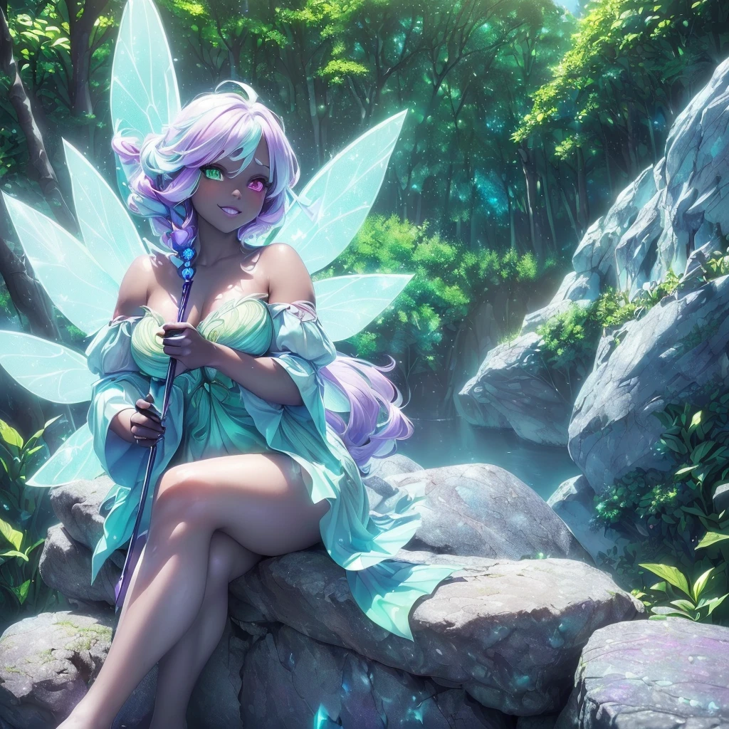 Girl, purple hair, green eyes, fairy, Pink fairy wings, , vegetable bikini, bikini made of plants, wreath, in a forest, Night, fantastic trees, fireflies in the scenery, Highlights, fantasy