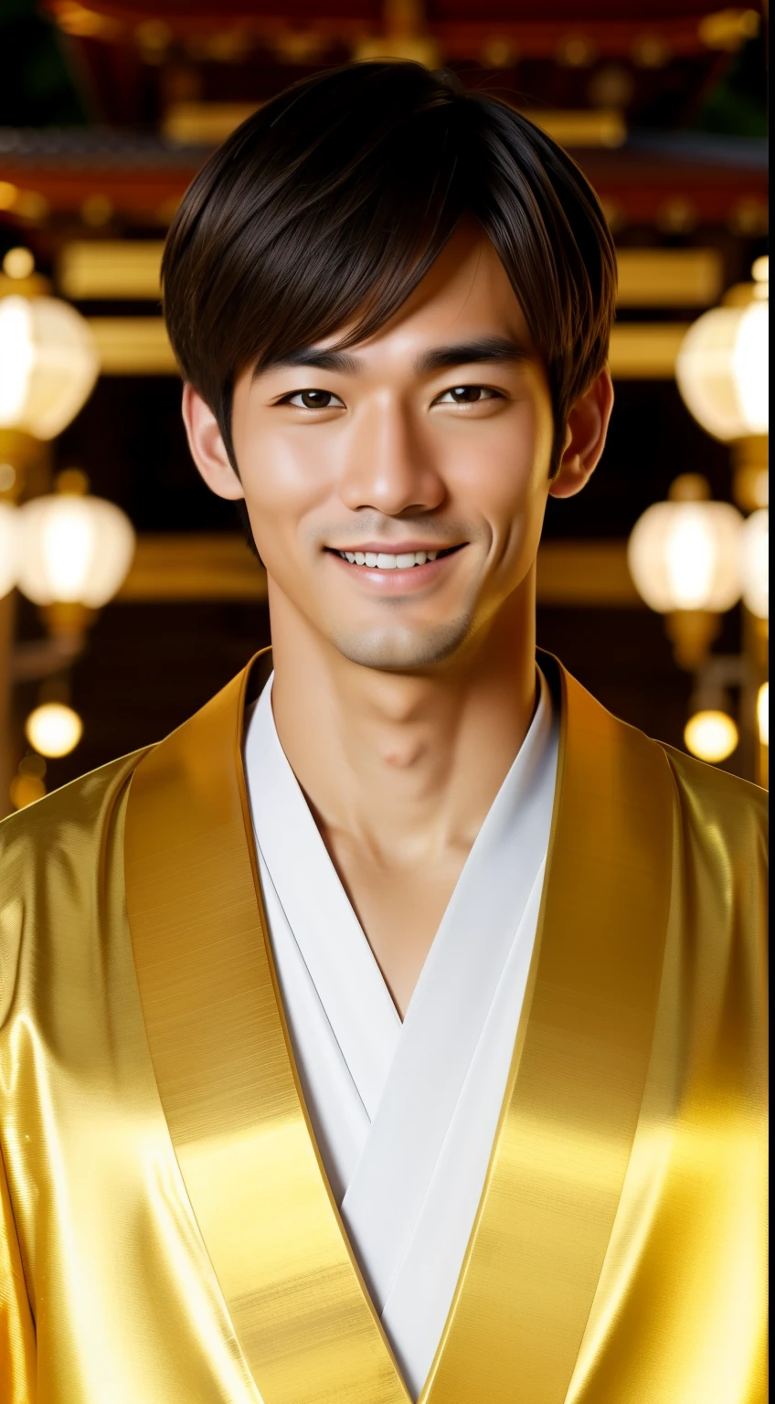 muste piece, best quality, High resolution, photoreaslistic, detailed face, 1 male, Handsome guy,upper body whole body,smile, shrine, shining background, Golden kimono,