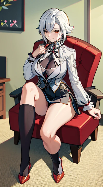 NSFW, arlecchino, arlecchino from genshin impact, office lady, big tits, office background, white shirt, short skirt, stocking, full body, sitting on the chair,