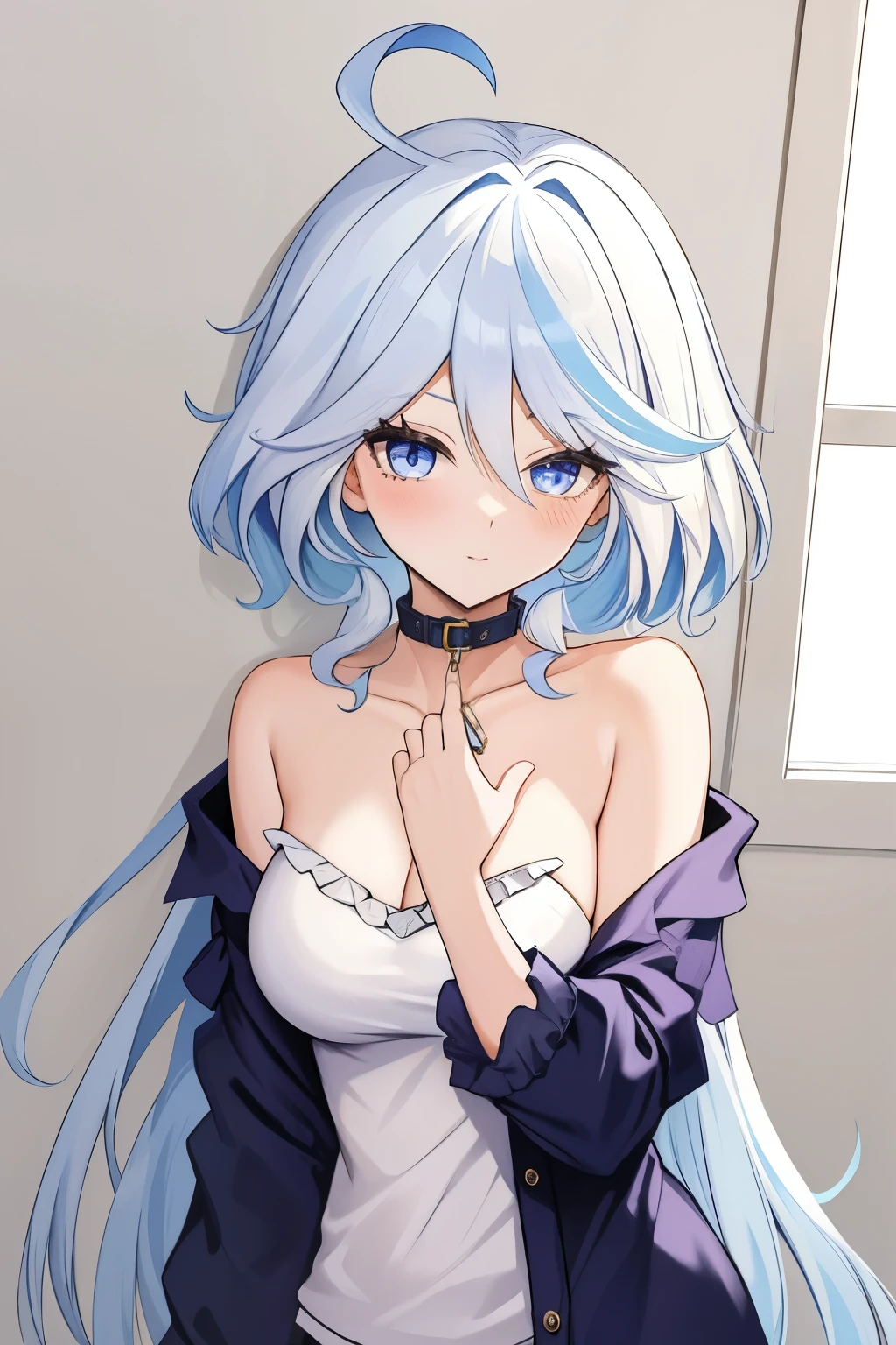 Furina,1girl,solo,long hair,ahoge,blue eyes,white hair,blue hair,bangs, off shoulder, collar bone, cleavage, look at viewer, perfect fingers, one piece clothes, frill, 