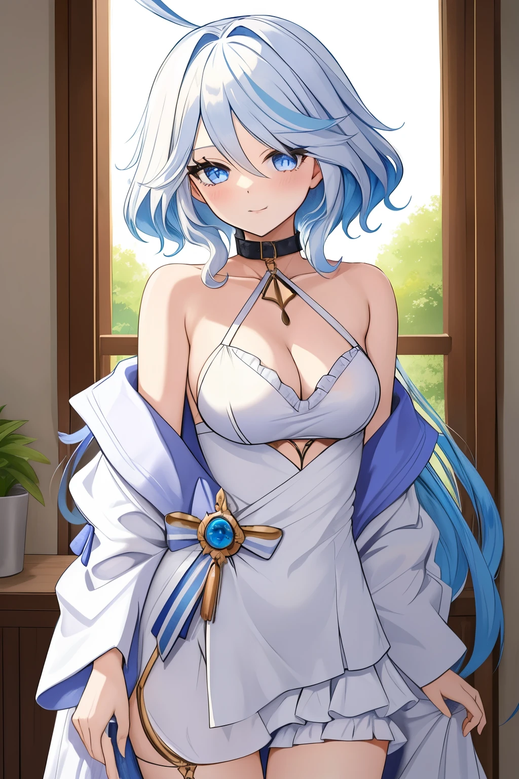 Furina,1girl,solo,long hair,ahoge,blue eyes,white hair,blue hair,bangs, off shoulder, collar bone, cleavage, look at viewer, perfect fingers, one piece clothes, frill, 