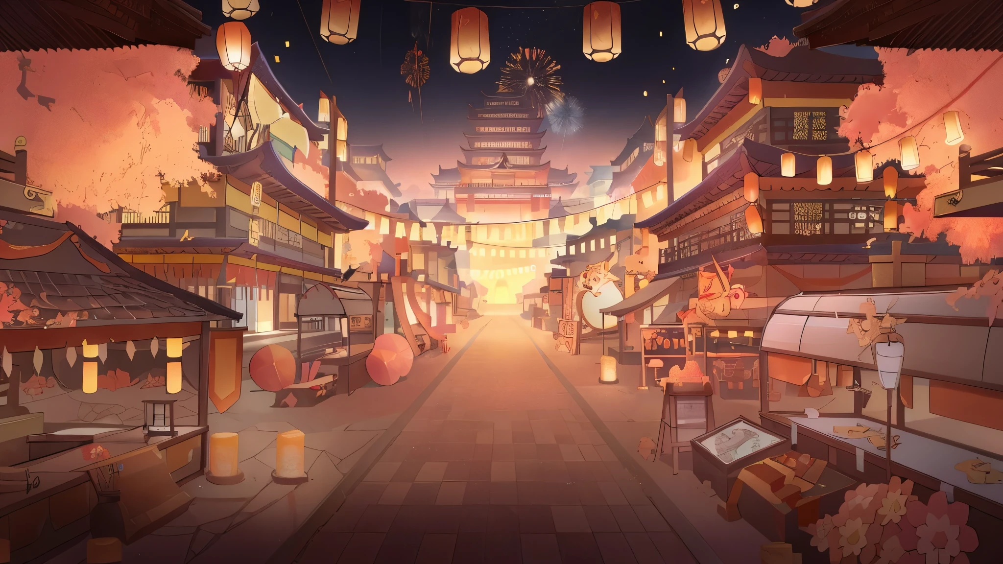 Anime style lantern street illustration, background artwork, background art, Dream China Town, anime background art, 色彩缤纷的anime background, summer festival night, Colorful Fox City, small town background, anime background, Anime Landscape Concept Art, A beautiful artistic illustration, Anime style cityscape, downtown background