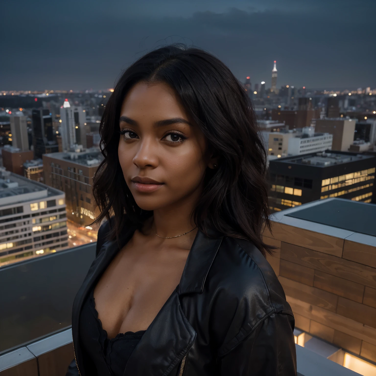 Generate a photorealistic image of a dark-skinned black woman on the rooftop of a high-rise building, with a sweeping cityscape in the background. Her hair should be a rich, natural black, styled to showcase its texture and volume, illuminated by the ambient city and sky light. Her facial features need detailed attention: deep, dark brown eyes with realistic irises; a prominent, well-shaped nose; and full lips with a natural, deeper hue, reflecting realistic textures. Her skin should be a deep, dark brown, almost ebony, capturing the detailed nuances of her complexion in the urban rooftop light.
She's dressed in a stylish, contemporary outfit that complements the urban backdrop, with textures and layers that appear sophisticated and fitting for a rooftop setting.
The rooftop provides a panoramic view of the city below, featuring illuminated skyscrapers, busy streets, and distant landmarks, all rendered with high detail to capture the expanse and energy of the city. The lighting is a blend of the fading twilight and the vibrant city lights, creating a dramatic and captivating atmosphere. The focus is sharply on the woman, positioning her as a striking figure against the magnificent backdrop of the city, highlighting her presence amidst the urban evening ambiance.