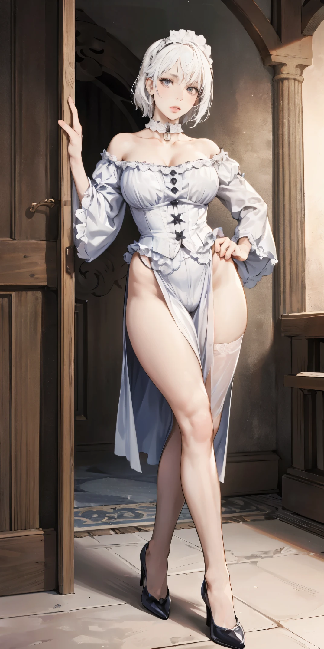 White hair , short hair, pinched eyes, (big-:1.5) , Thin legs, thin body, leather collar, Maid outfit victorian, dynamic pose, full body, View from below, wide hips, Kneeling