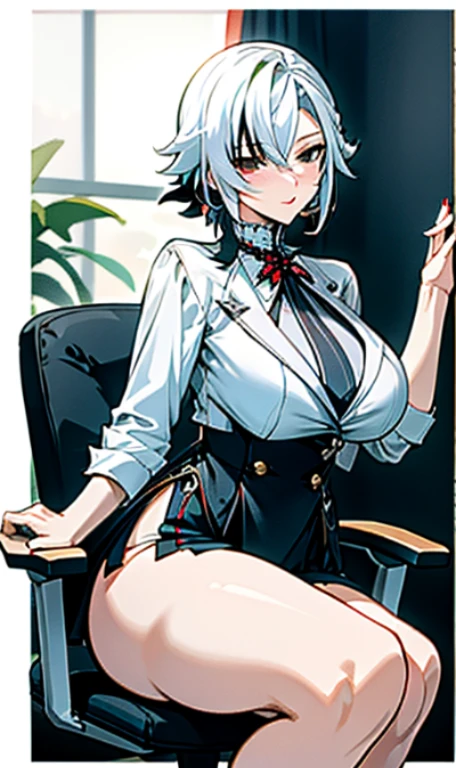 NSFW, arlecchino, arlecchino from genshin impact, office lady, big tits, office background, white shirt, short skirt, stocking, full body, sitting on the chair,