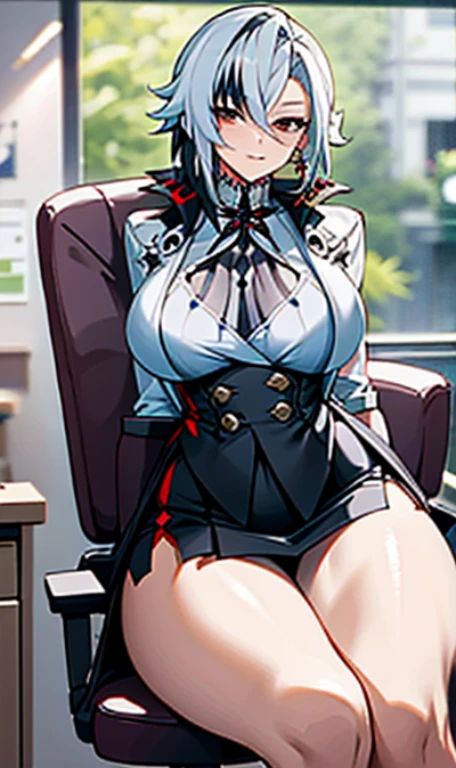NSFW, arlecchino, arlecchino from genshin impact, office lady, big tits, office background, white shirt, short skirt, stocking, full body, sitting on the chair,
