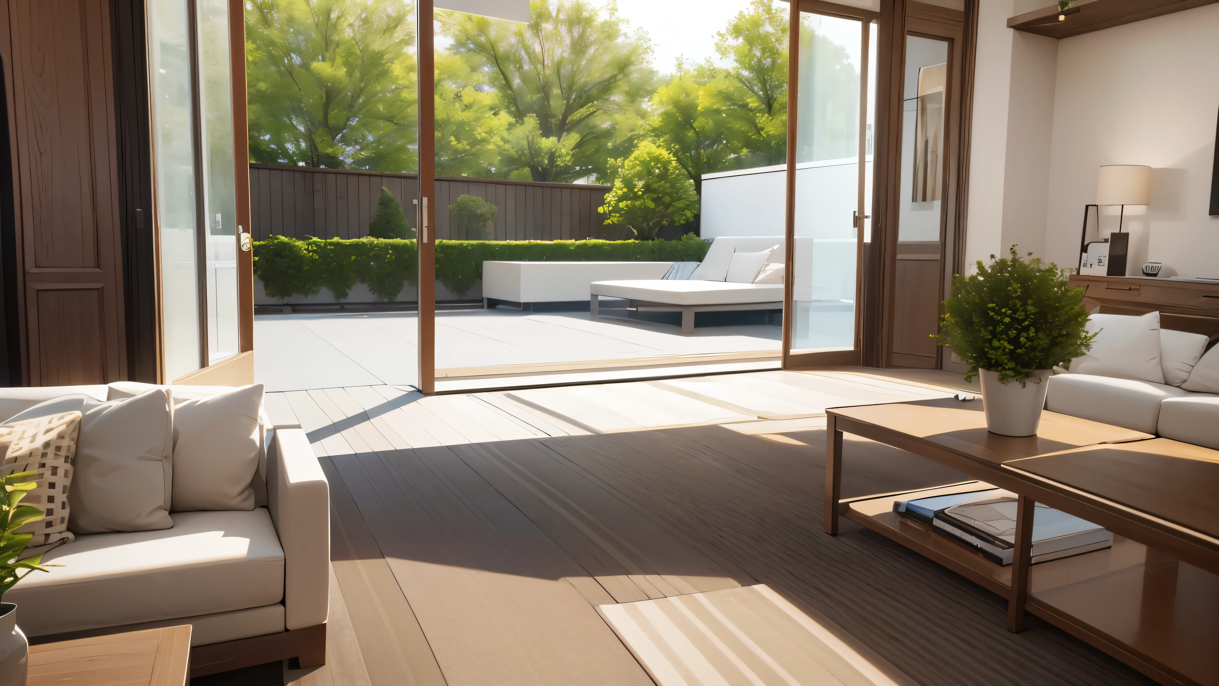 You are a famous interior designer、You have been asked to create a 3D image of a modern large room. Create a harmonious environment with modern and minimalist furniture. Including garden interior.