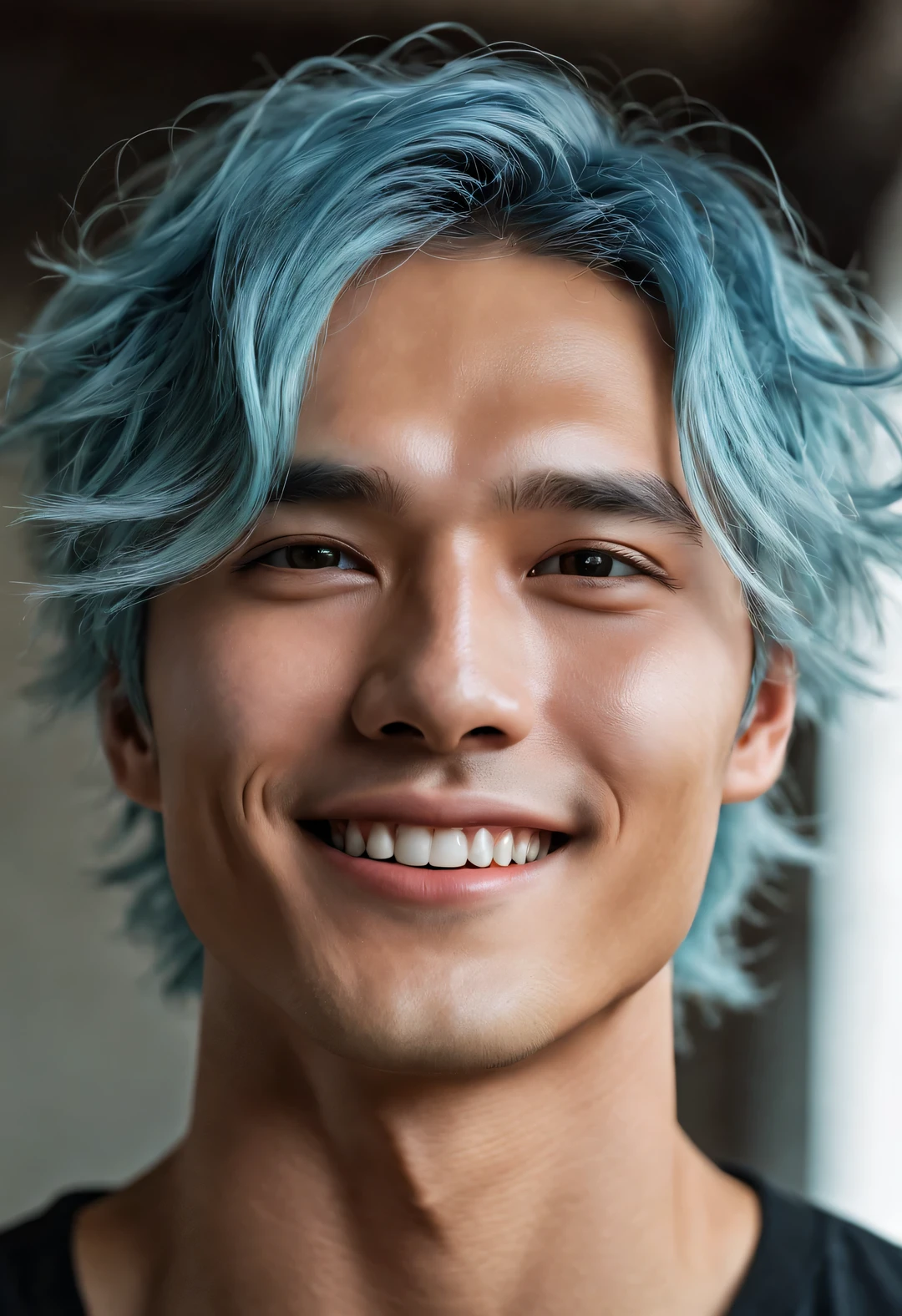a very pretty boy face, Light blue hair flows on her bright face, beautiful facial makeup, upright, Symmetrical face shape, Long and thick eyebrows slightly upward, Bright and vibrant eyes, Revealing a kind of wisdom and agility. 他的嘴唇Ruddy and full, slightly raised, And his sexy big mouth,Ruddy and full. His nose was straight,Does not protrude, His smile is bright and natural, A sculpture as perfect as Song Yu's skin, fair and delicate, Smooth as white jade, No wrinkles, His skin exudes a healthy glow, Gives people a fresh and pure feeling. His cheeks flushed slightly, Charming romantic fantasy image,
