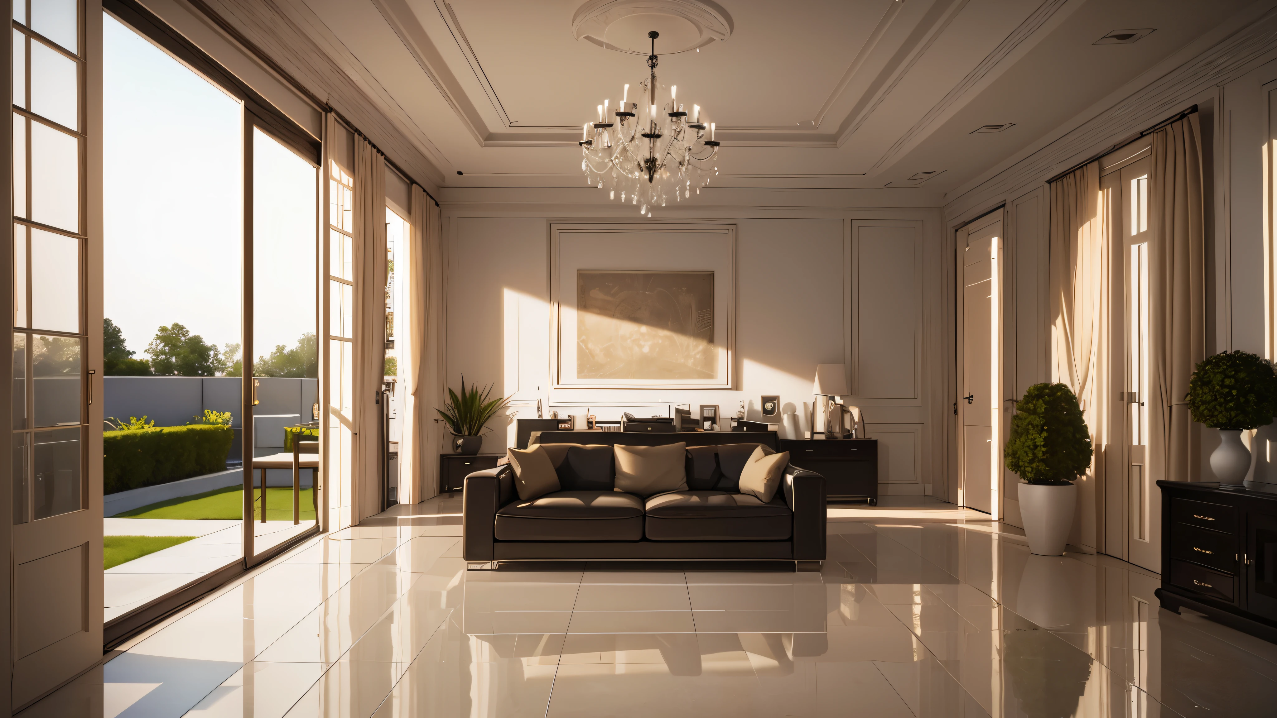 You are a famous interior designer、You have been asked to create a 3D image of a modern large room. Create a harmonious environment with modern and minimalist furniture. Including garden interior.